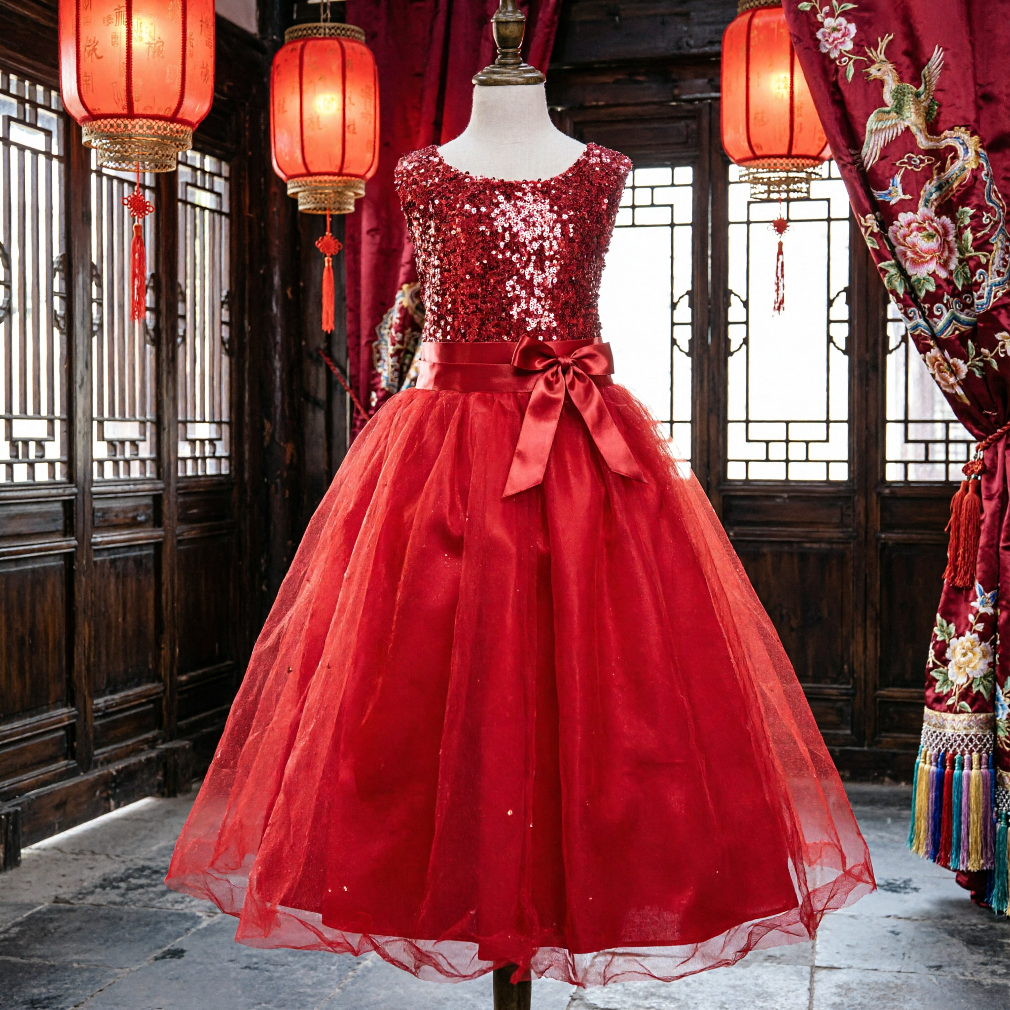 Elegant Red Sequin Flower Girl Dress Long Tulle Ballgown for Kids Wedding Party Formal Gown - Asian Costume