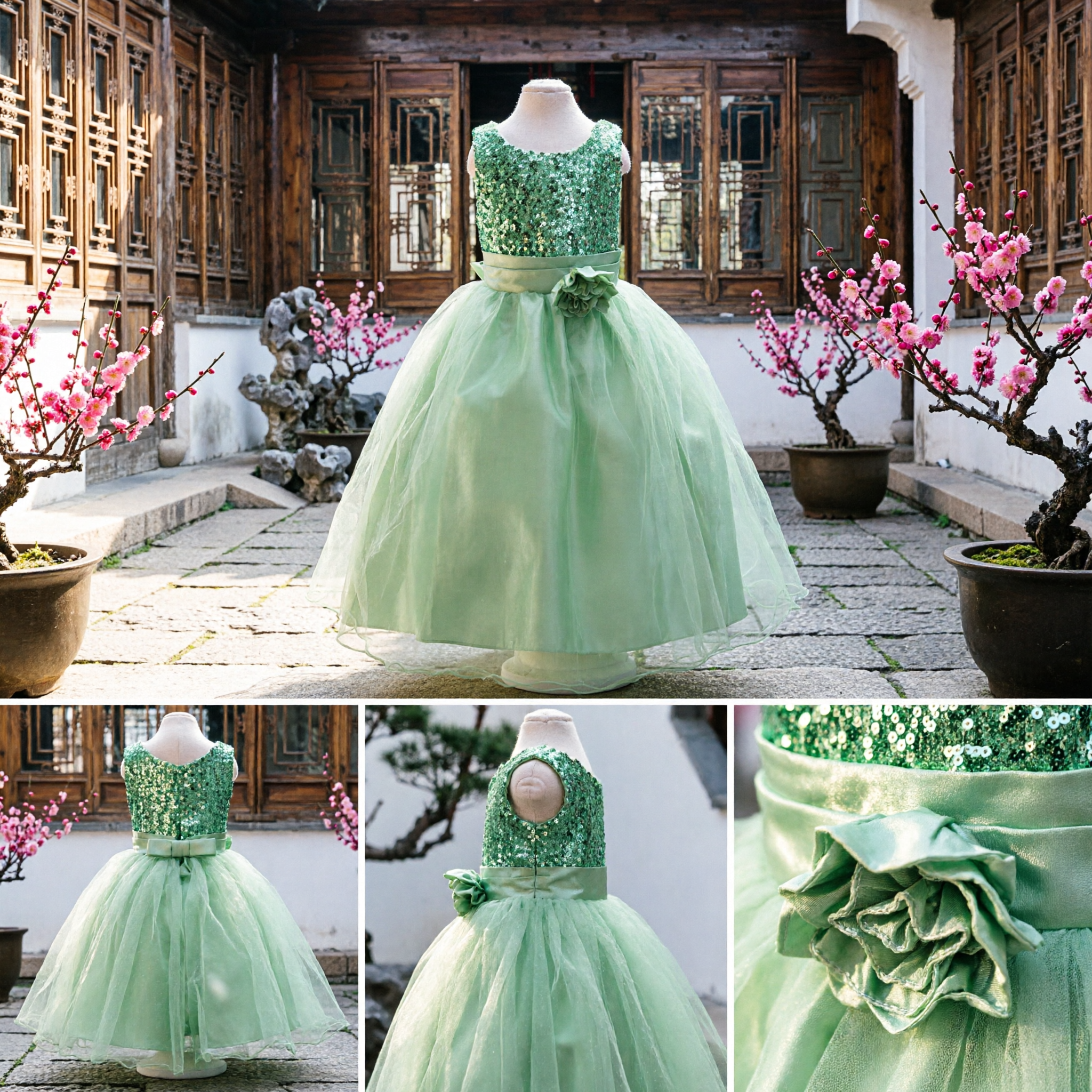 Girls Green Sequin Flower Girl Dress Sleeveless Tulle Ball Gown Pageant Wedding Party Costume - Asian Costume