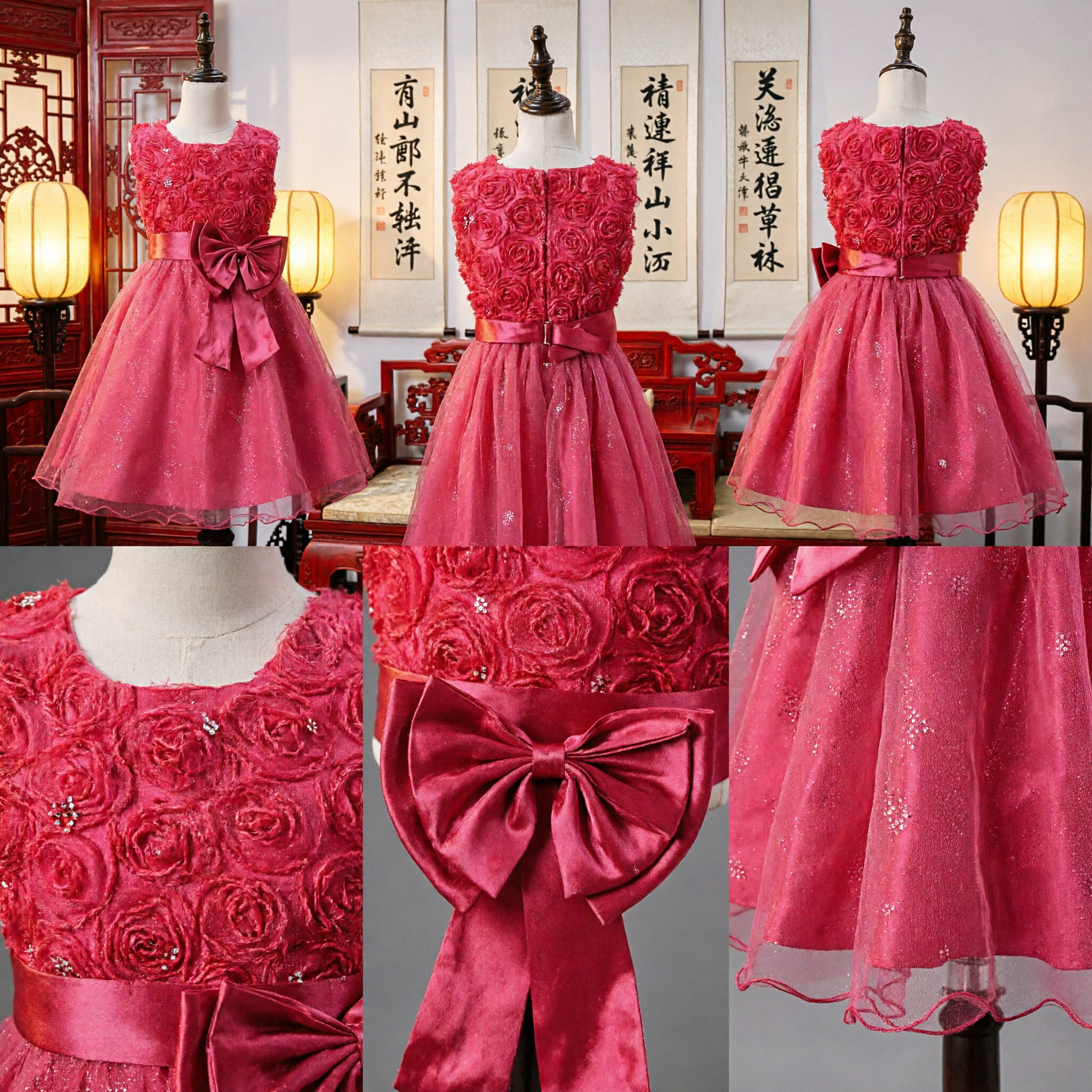 Girls Hot Pink Flower Girl Dress Sleeveless 3D Rosette Bodice with Glitter Tulle Skirt and Large Bow - Asian Costume