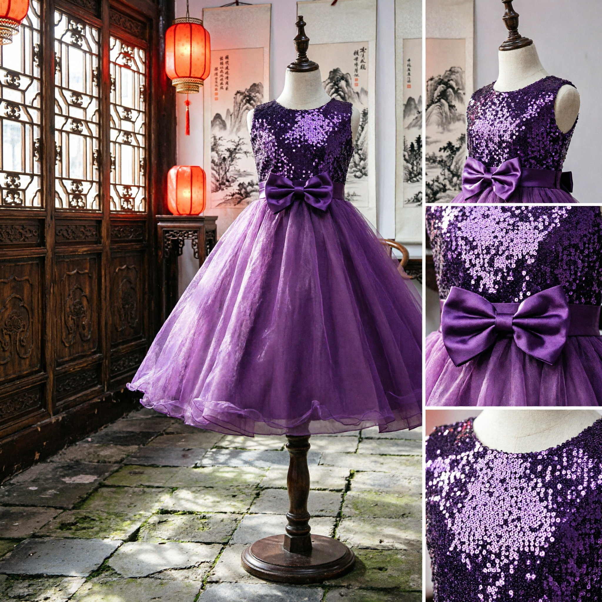 Little Girls Purple Sequin Dress Sleeveless Tulle Skirt Flower Girl Wedding Party Pageant Gown - Asian Costume