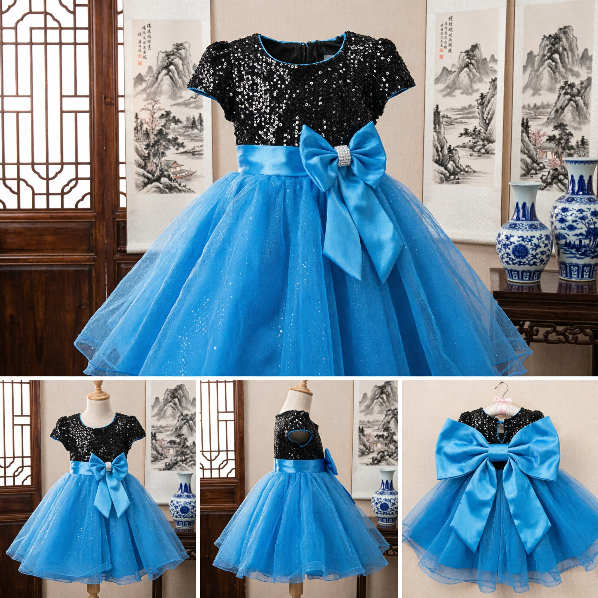 Elegant Girls Formal Dress Black Sequin Bodice Blue Tulle Skirt Big Bow Party Gown - Asian Costume