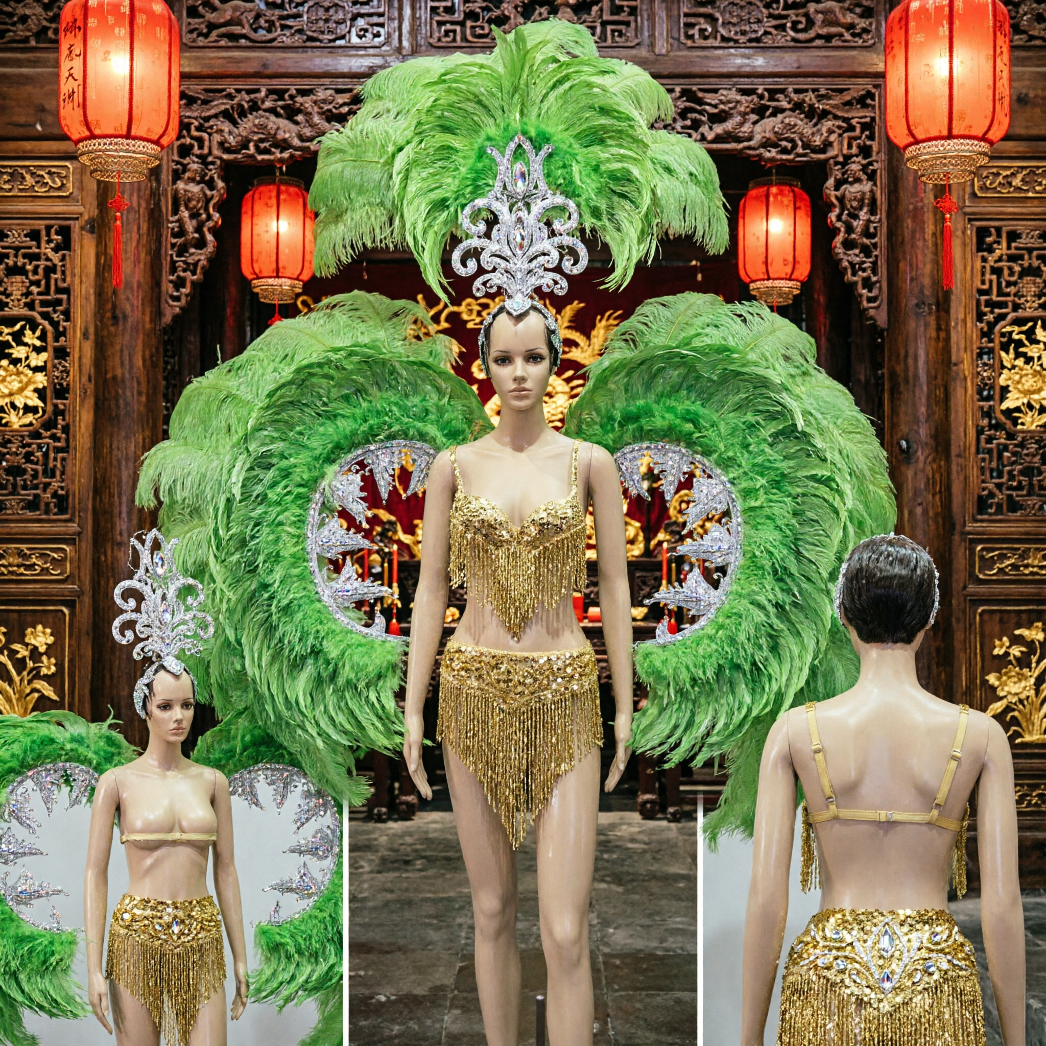 Professional Green Samba Carnival Costume with Large Feather Headdress and Backpiece for Women Parade Performance - Asian Costume