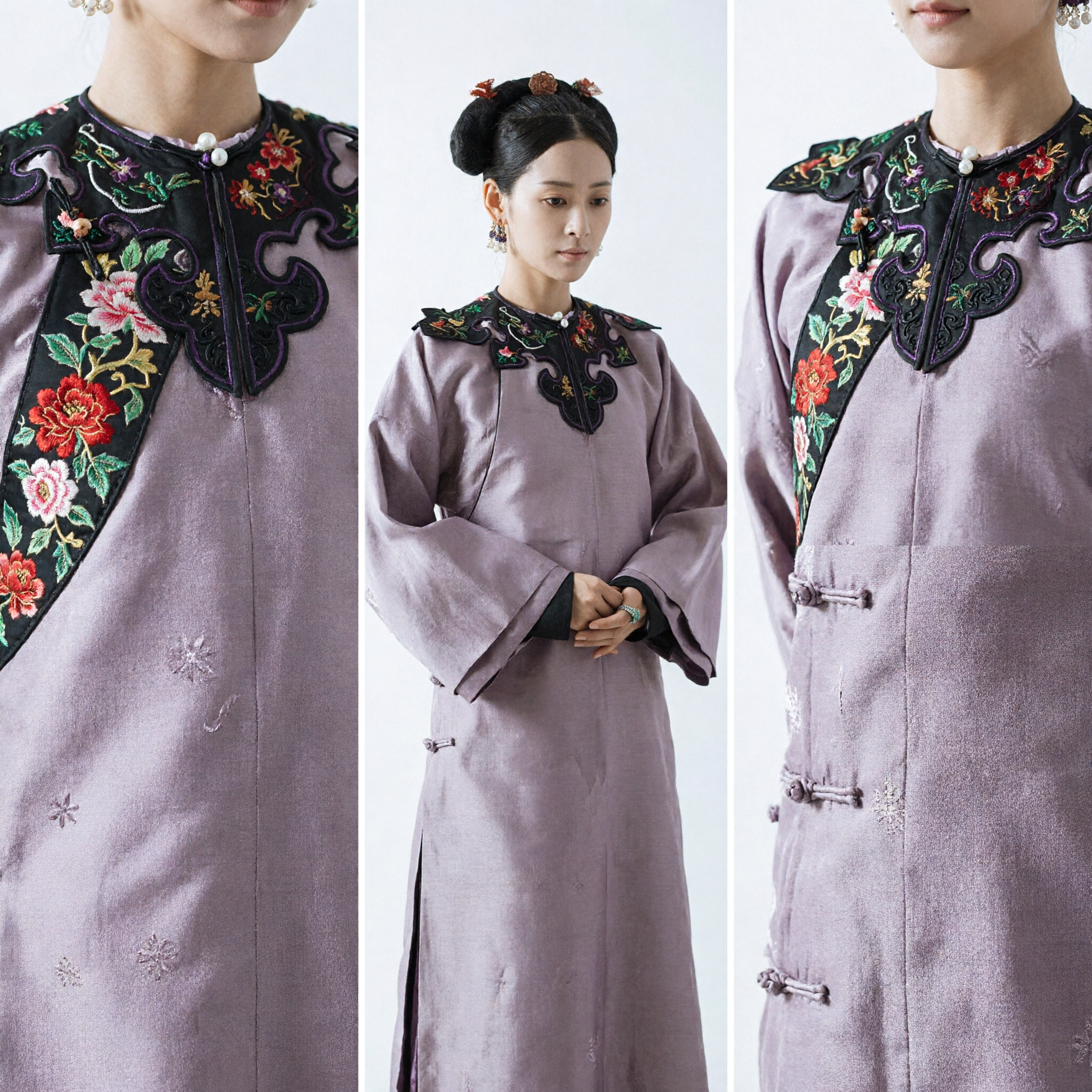 Chinese Ancient Qing Dynasty Palace Lady Costume Embroidered Lavender Robe with Cloud Collar for Women - Asian Costume