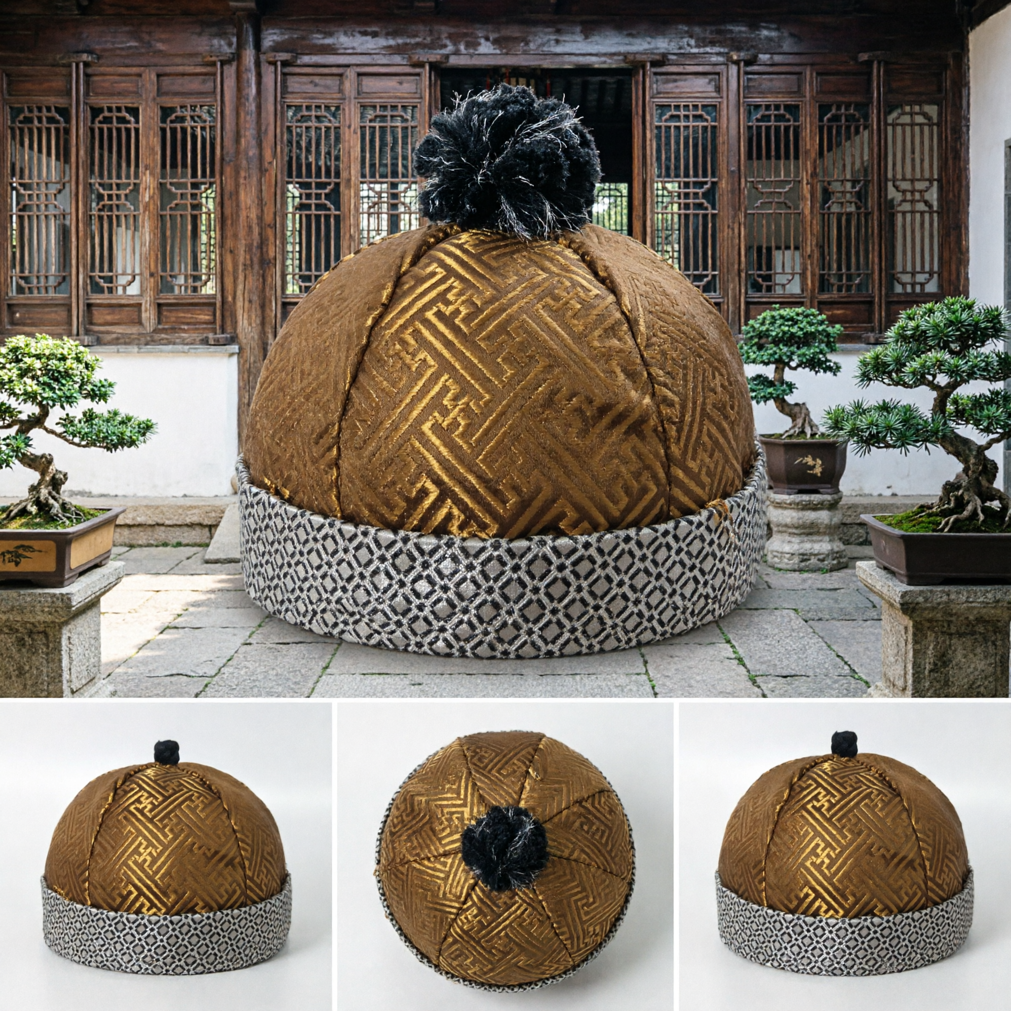 Traditional Chinese Qing Dynasty Golden Skullcap Hat with Geometric Pattern Ancient Costume Headwear - Asian Costume