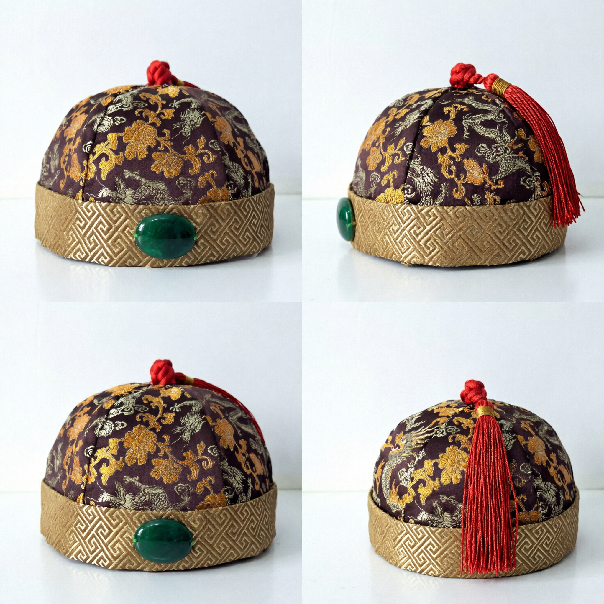 Traditional Chinese Brocade Skullcap Hat with Gold Floral Embroidery and Jade Stone for Hanfu Costume - Asian Costume