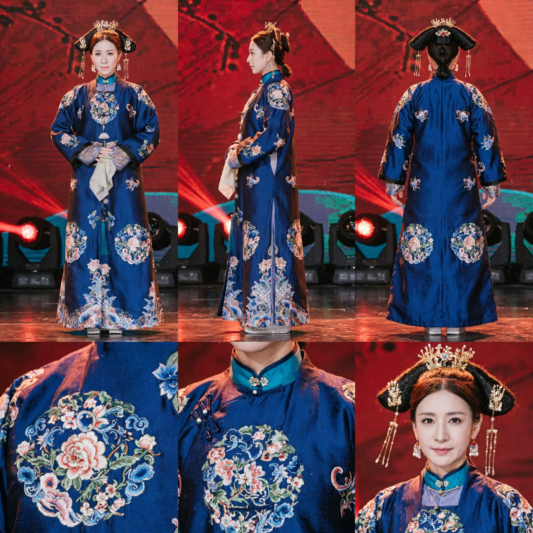 Traditional Chinese Qing Dynasty Manchu Noble Lady Blue Embroidered Robe Ancient Costume for Women Performance - Asian Costume
