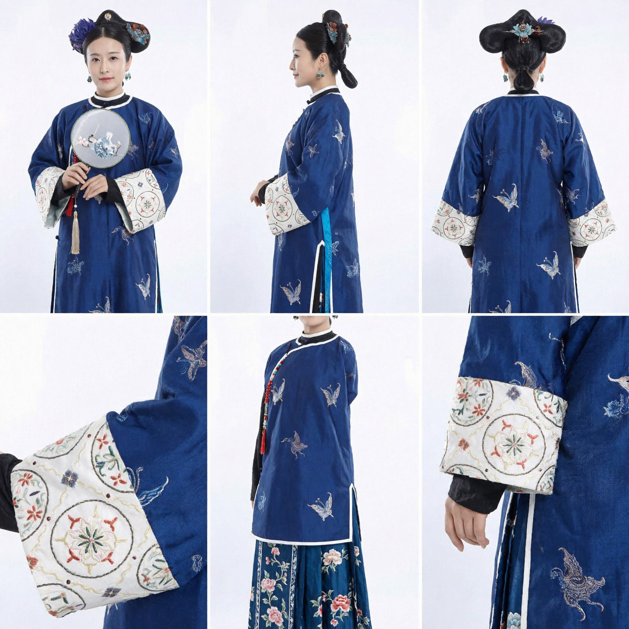 Traditional Chinese Qing Dynasty Palace Lady Costume Blue Embroidered Manchu Dress Complete Set with Headdress for Women - Asian Costume