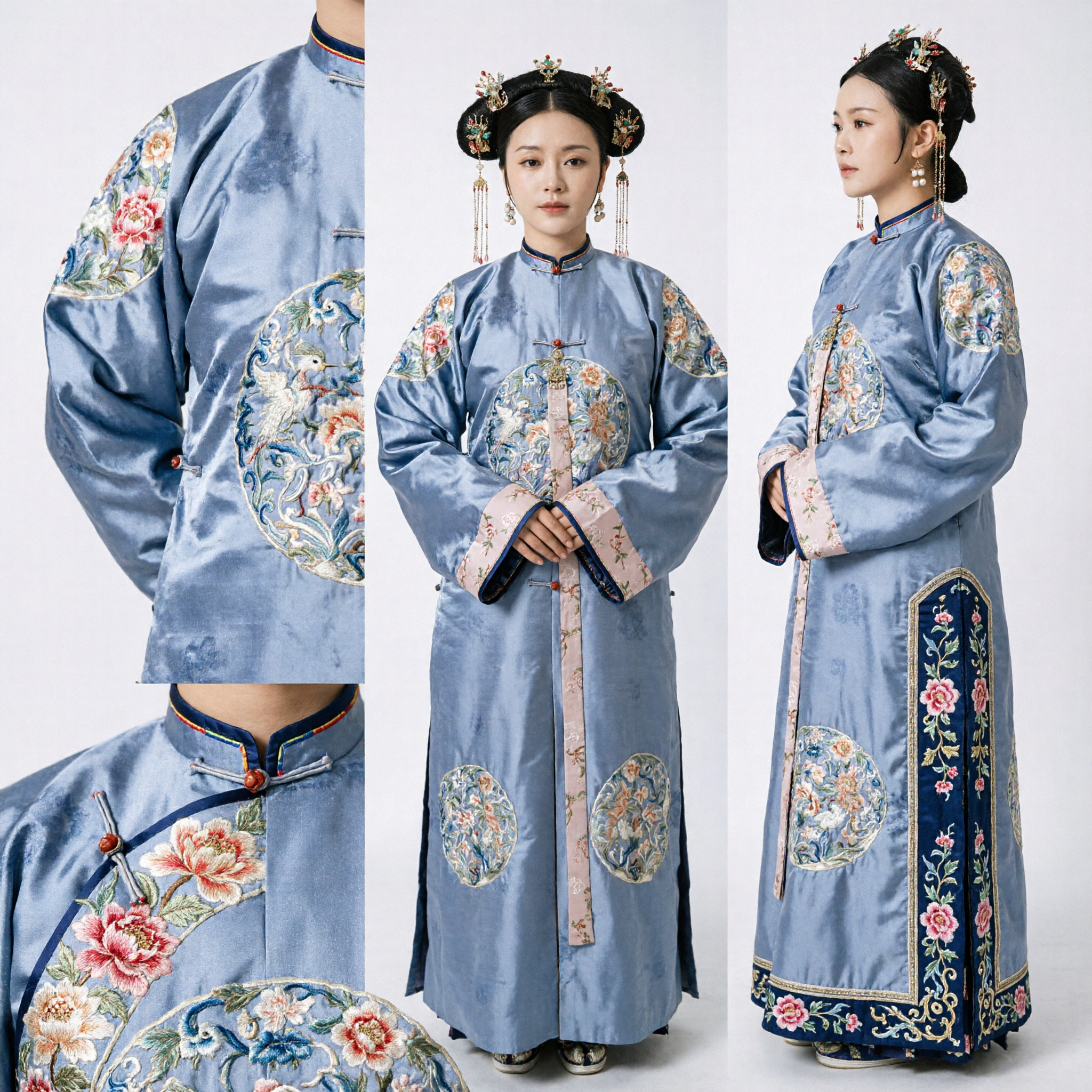 Traditional Chinese Qing Dynasty Manchu Noblewoman Blue Embroidered Silk Robe Costume for Women Cosplay Performance - Asian Costume