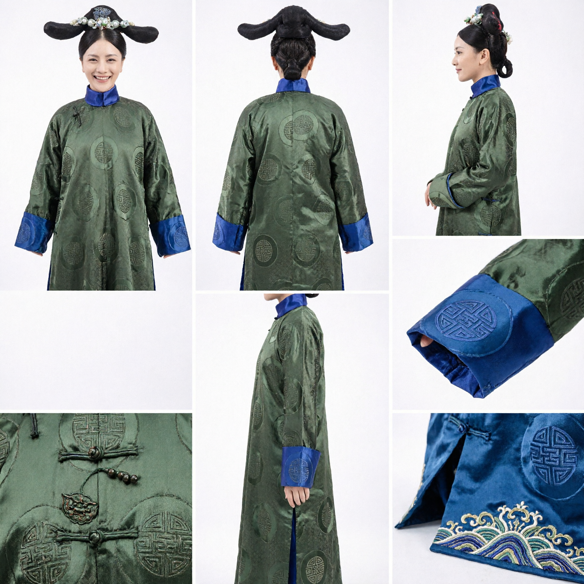 Chinese Traditional Qing Dynasty Manchu Palace Lady Green Robe Costume with Headdress for Women Cosplay - Asian Costume