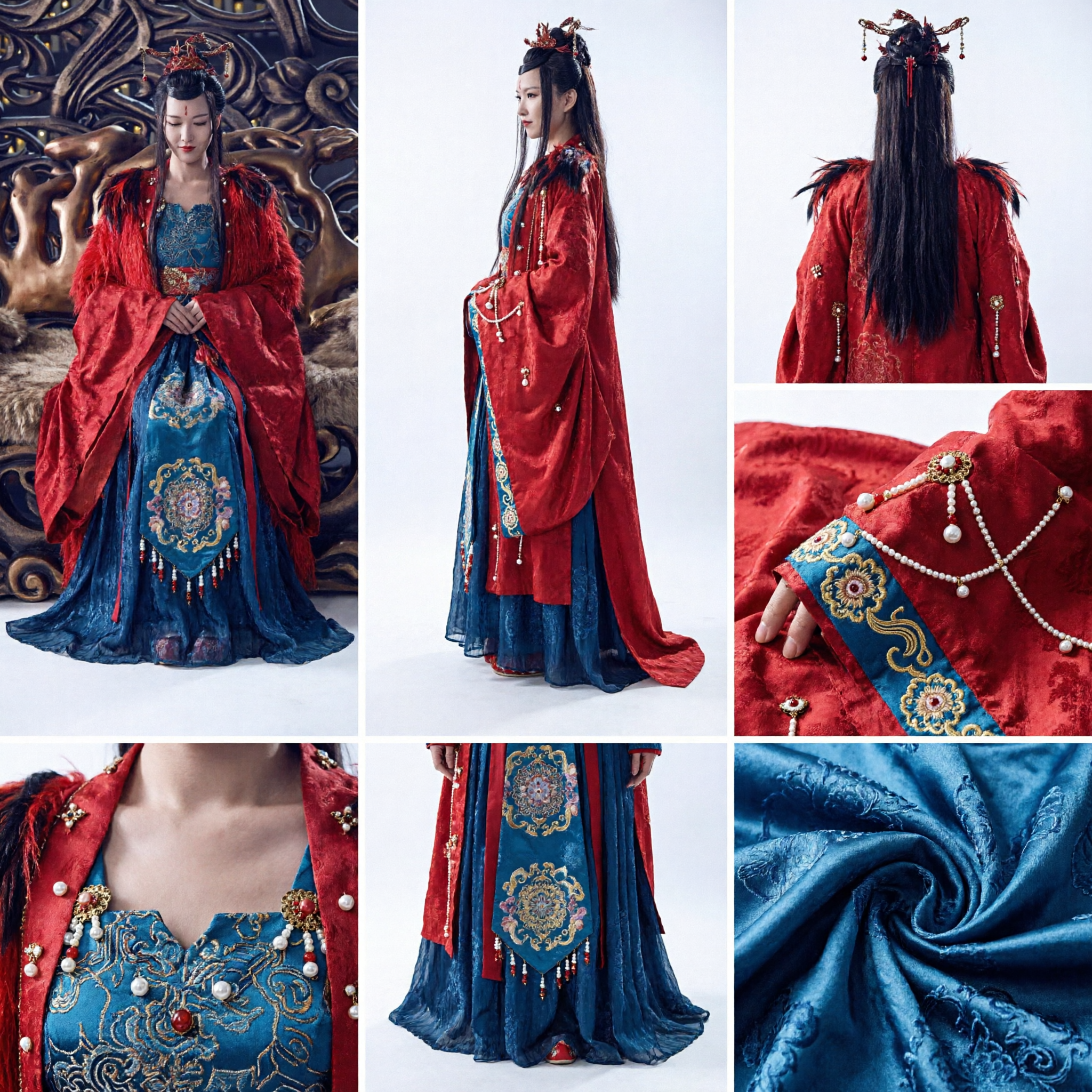 Traditional Chinese Ancient Empress Hanfu Costume Red Fur Cloak Blue Embroidered Dress for Women Cosplay - Asian Costume