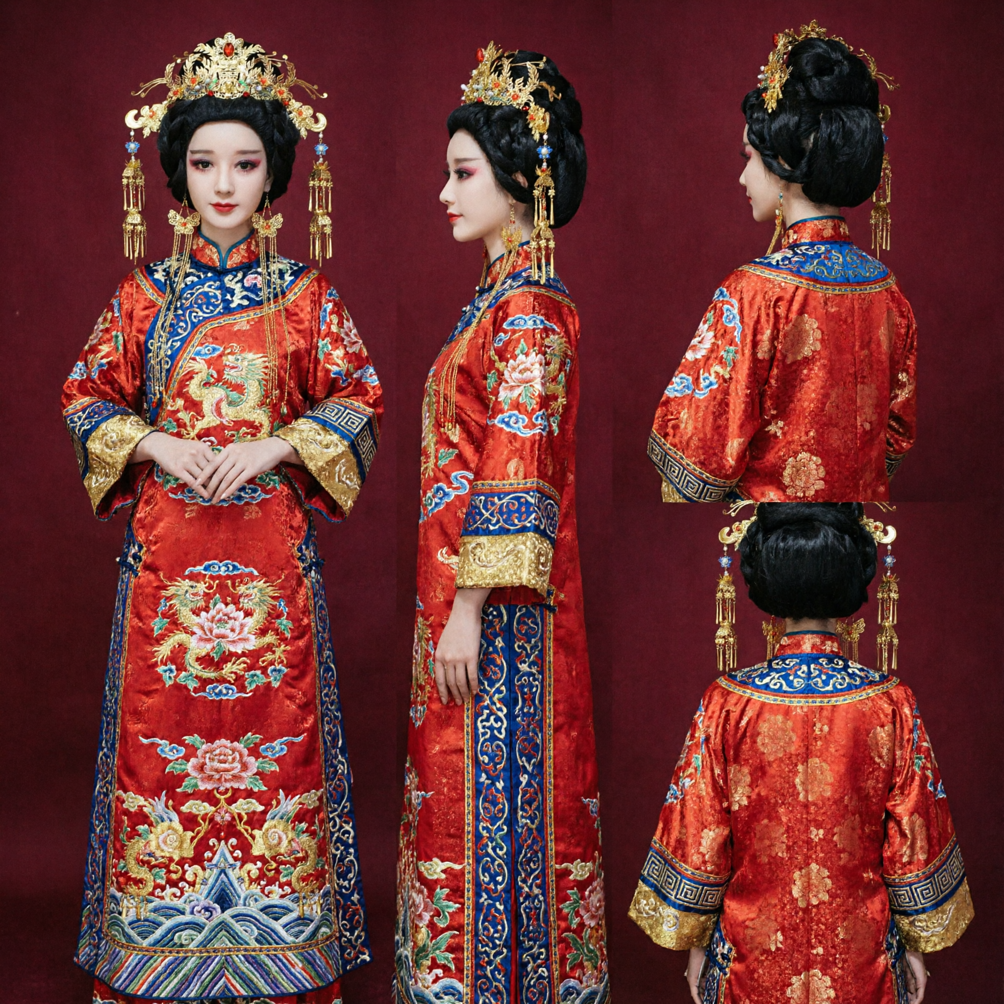 Traditional Chinese Tang Dynasty Golden Phoenix Crown Hair Accessories for Hanfu Bride Wedding Cosplay Costume - Asian Costume