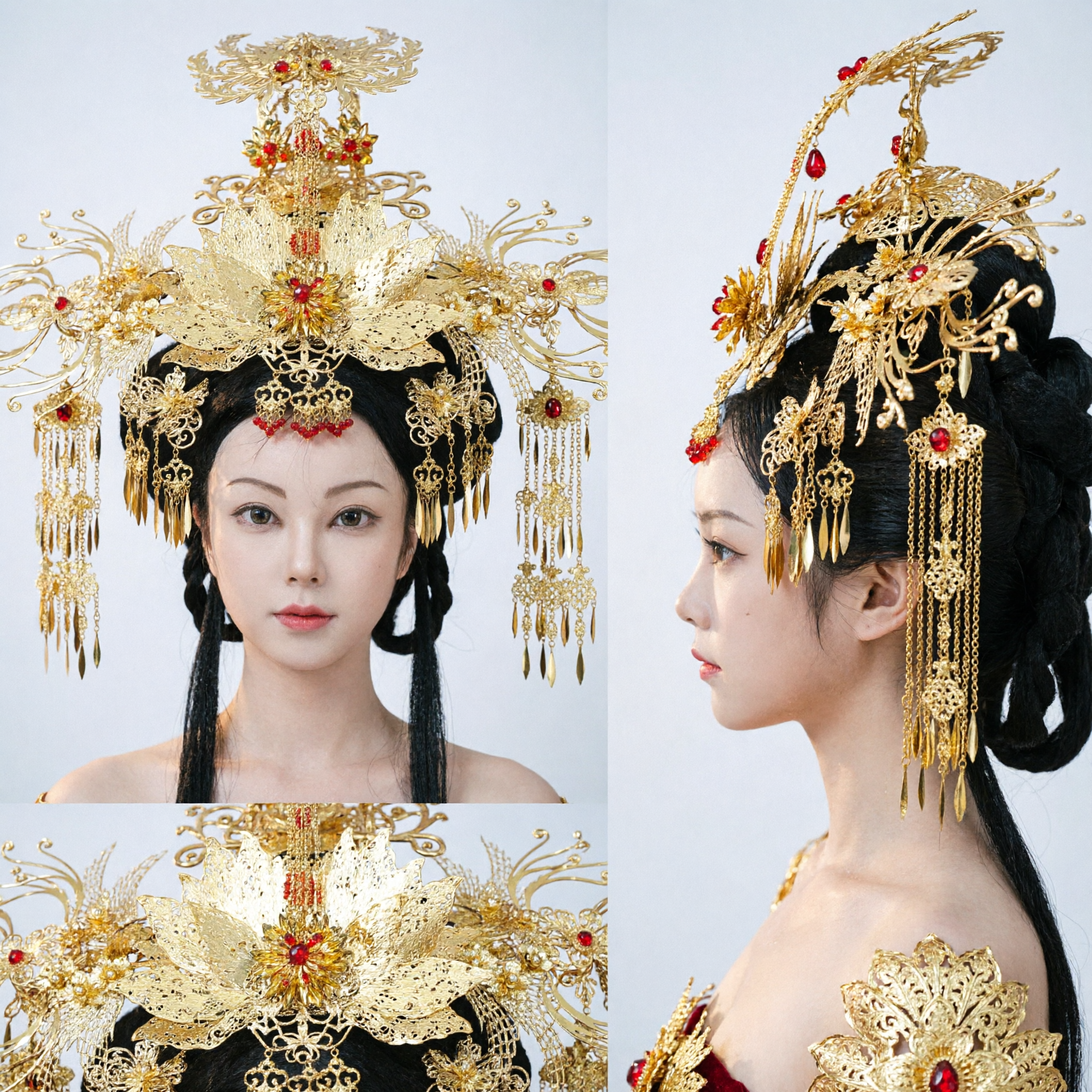 Traditional Chinese Phoenix Crown Golden Ancient Empress Headdress for Hanfu Wedding Brides Hair Jewelry Accessories - Asian Costume