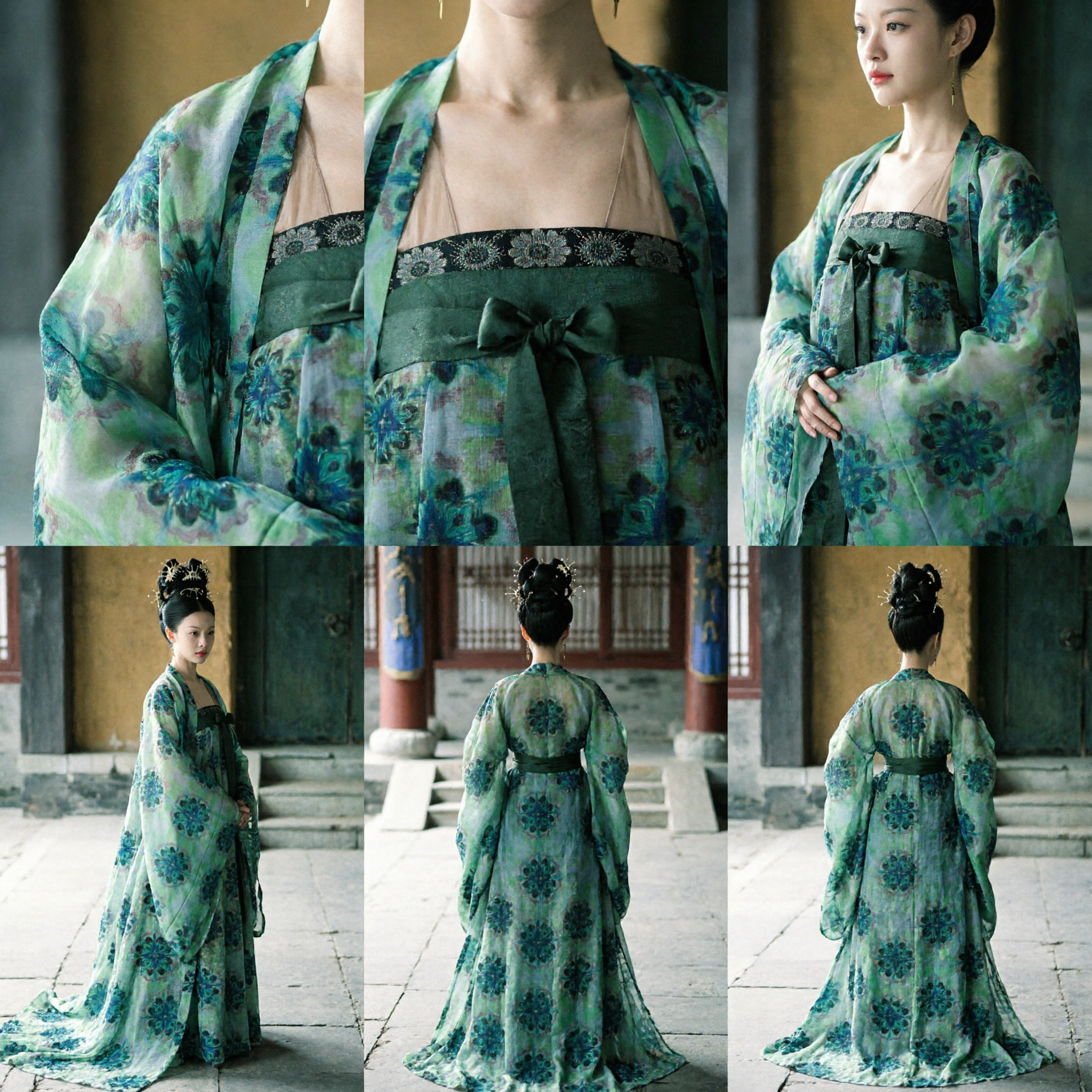 Chinese Traditional Ancient Palace Lady Green Floral Hanfu Costume Complete Set for Women Historical Drama Cosplay - Asian Costume