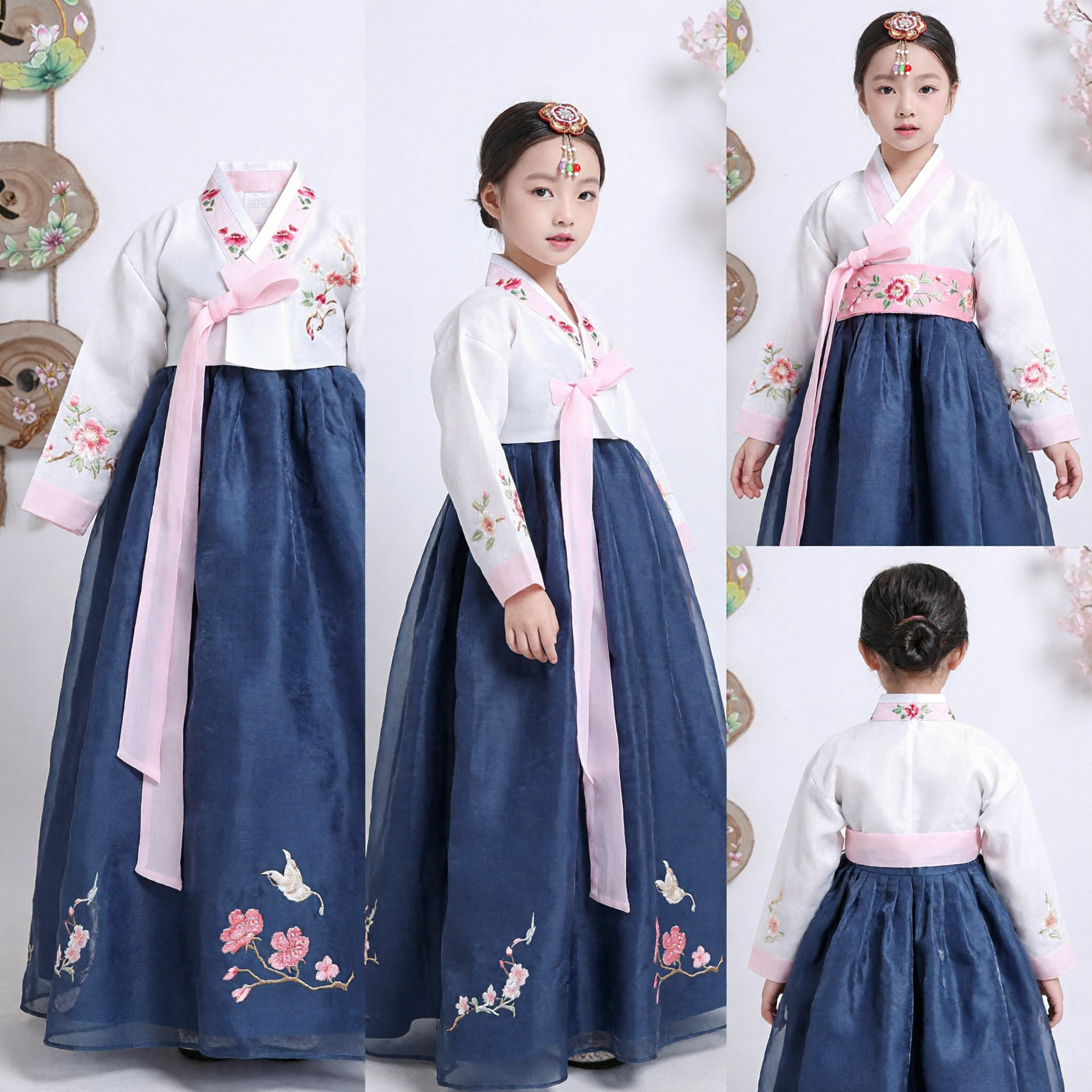 Elegant Korean Hanbok for Girls Traditional White and Navy Blue Embroidered Dress for Holidays and Weddings - Asian Costume