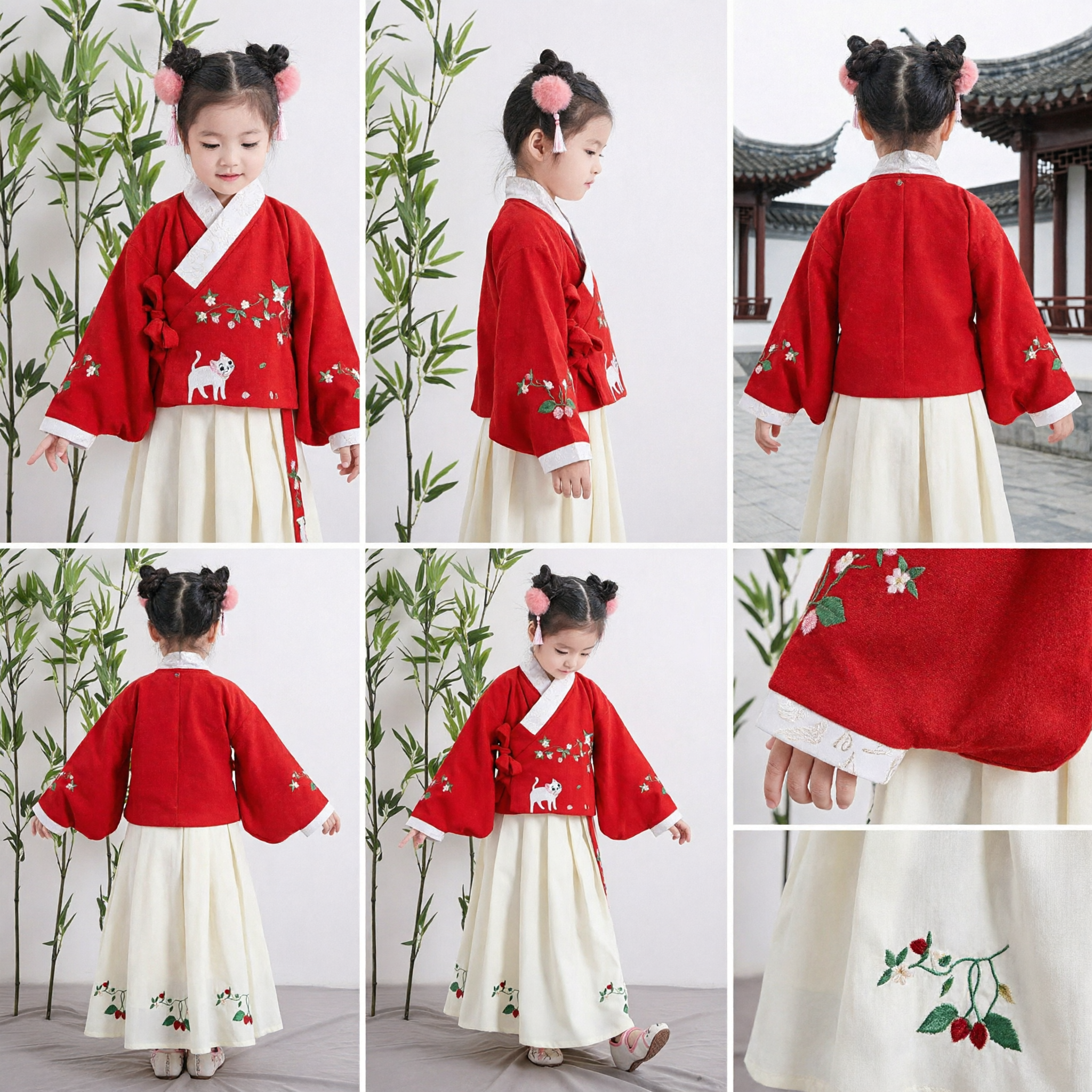 Traditional Chinese Hanfu Set for Girls Red Embroidered Jacket White Pleated Skirt Ancient Costume for Kids - Asian Costume