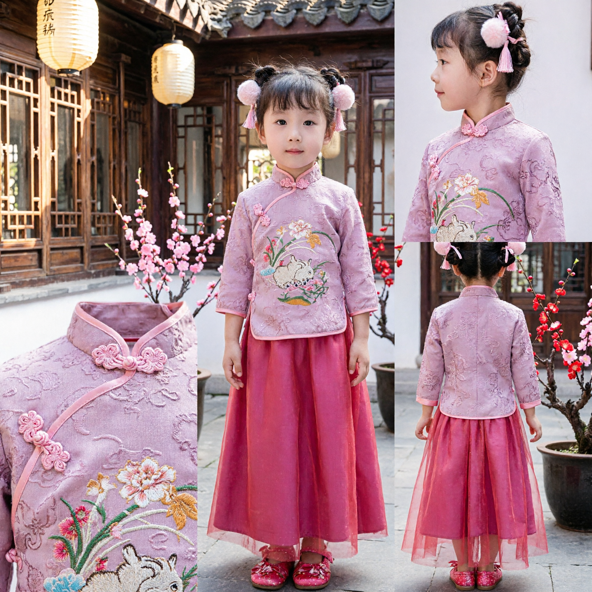 Kids Girls Traditional Chinese Clothing Pink Embroidered Tang Suit Hanfu Set for Lunar New Year Festival - Asian Costume