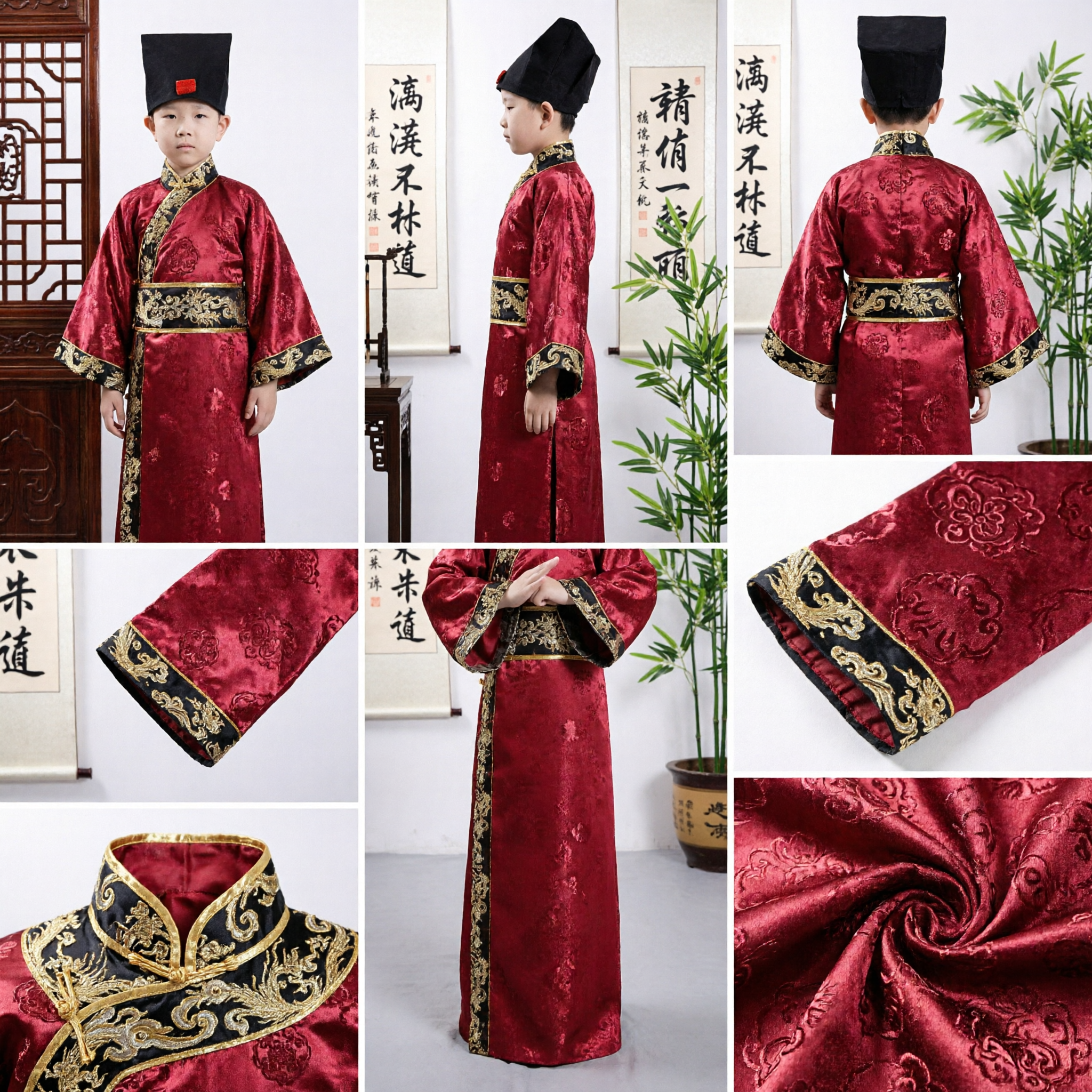 Traditional Chinese Hanfu Costume for Boys Ancient Scholar Official Robe Red Tang Suit Kids Wedding Performance - Asian Costume