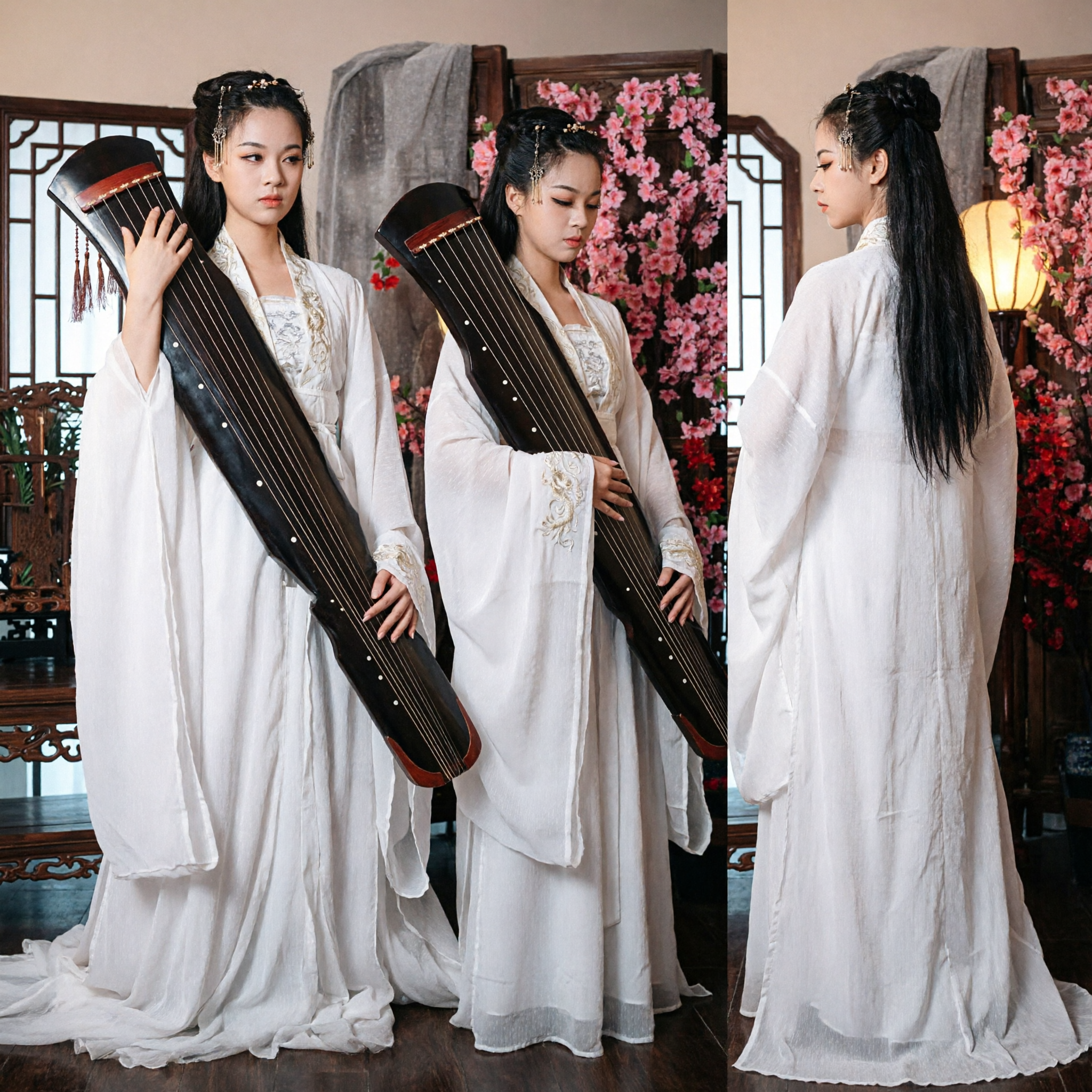 Elegant White Hanfu Traditional Chinese Ancient Costume for Women Guqin Player Fairy Dress Performance Outfit - Asian Costume