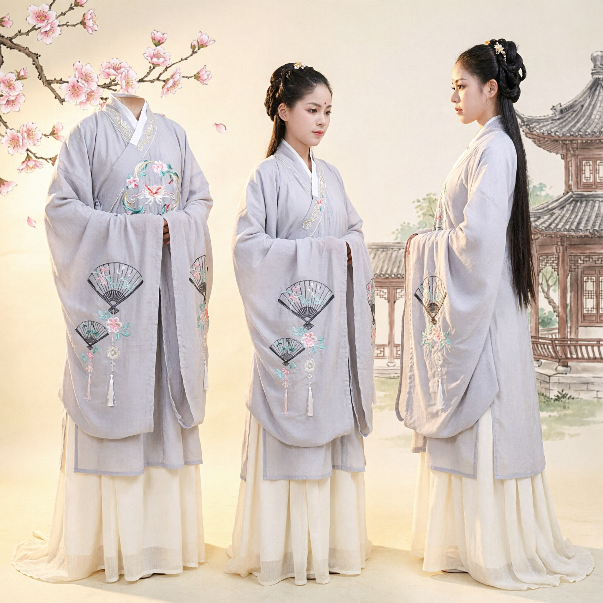 Traditional Chinese Hanfu Ancient Costume Embroidered Fan Pattern Long Robe Set for Women Cosplay and Photography - Asian Costume