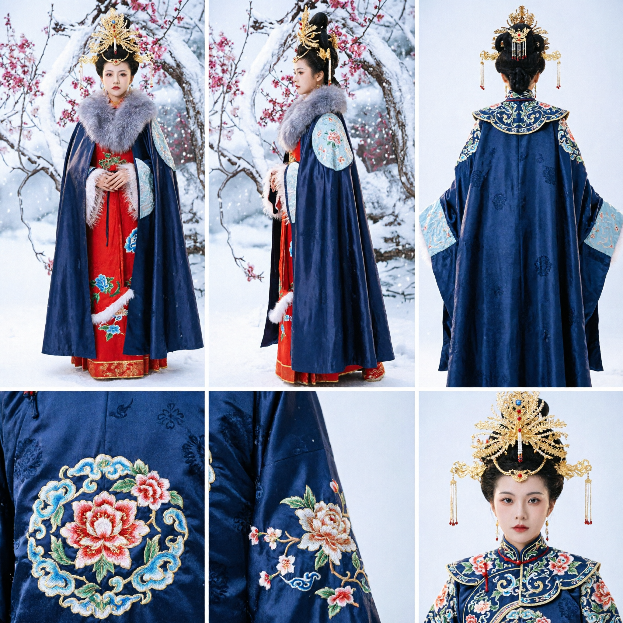 Chinese Ancient Empress Costume Winter Set Red Hanfu Dress Blue Fur Cloak Golden Headdress for Women Cosplay - Asian Costume