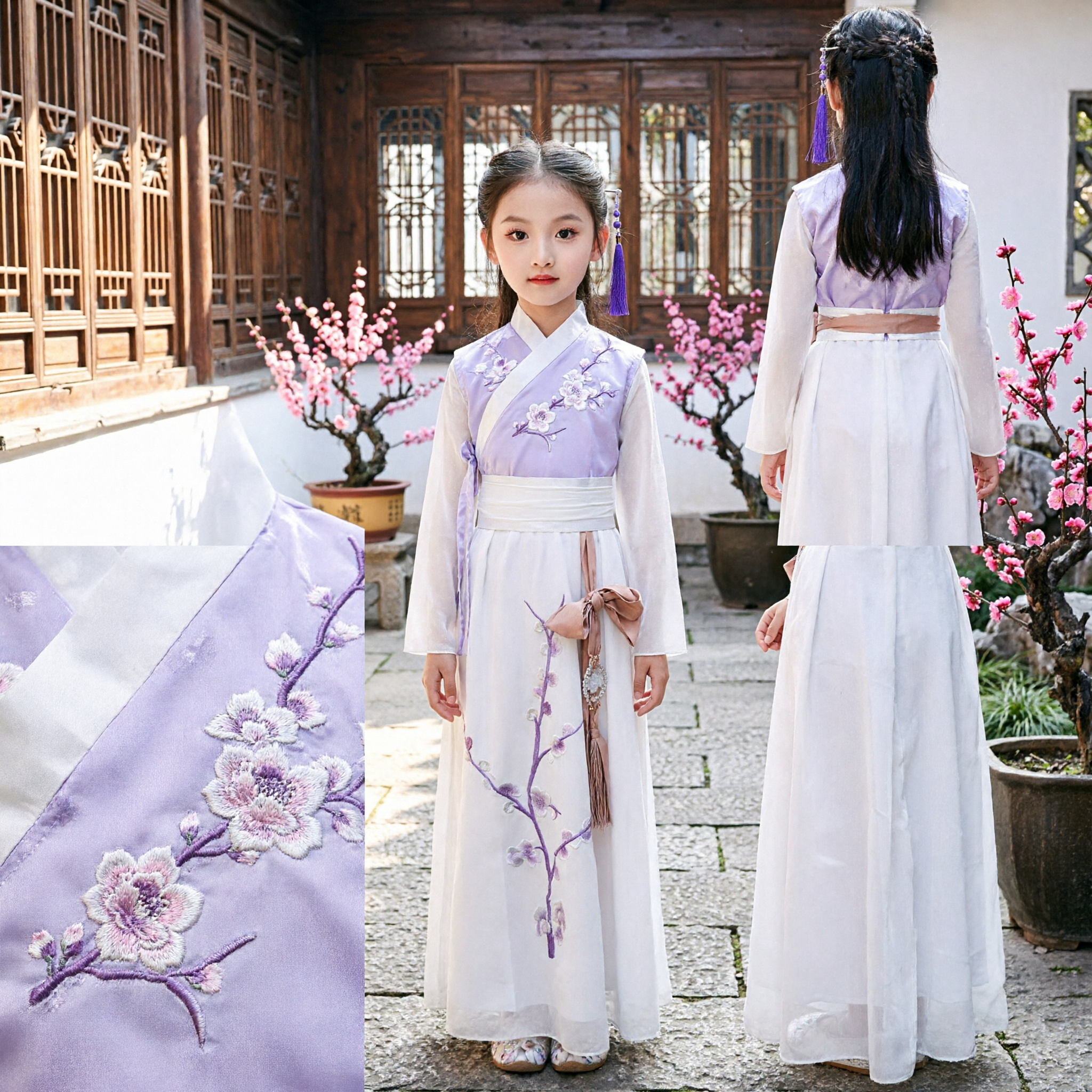 Chinese Traditional Hanfu Costume for Girls Kids Ancient Purple Floral Embroidery Fairy Dress for Stage Performance - Asian Costume