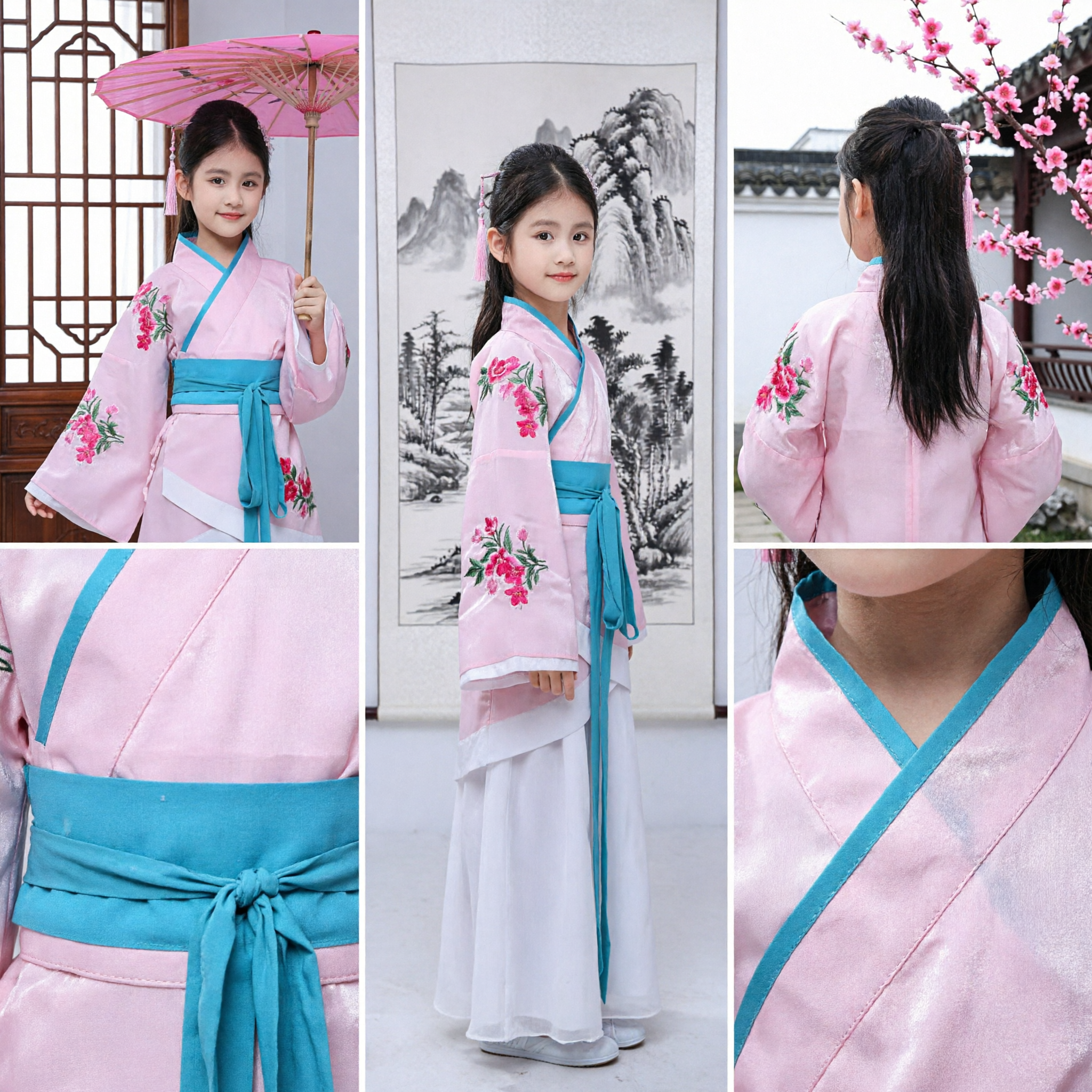 Traditional Chinese Hanfu for Girls Pink Floral Embroidered Ancient Costume Kids Performance Dress - Asian Costume
