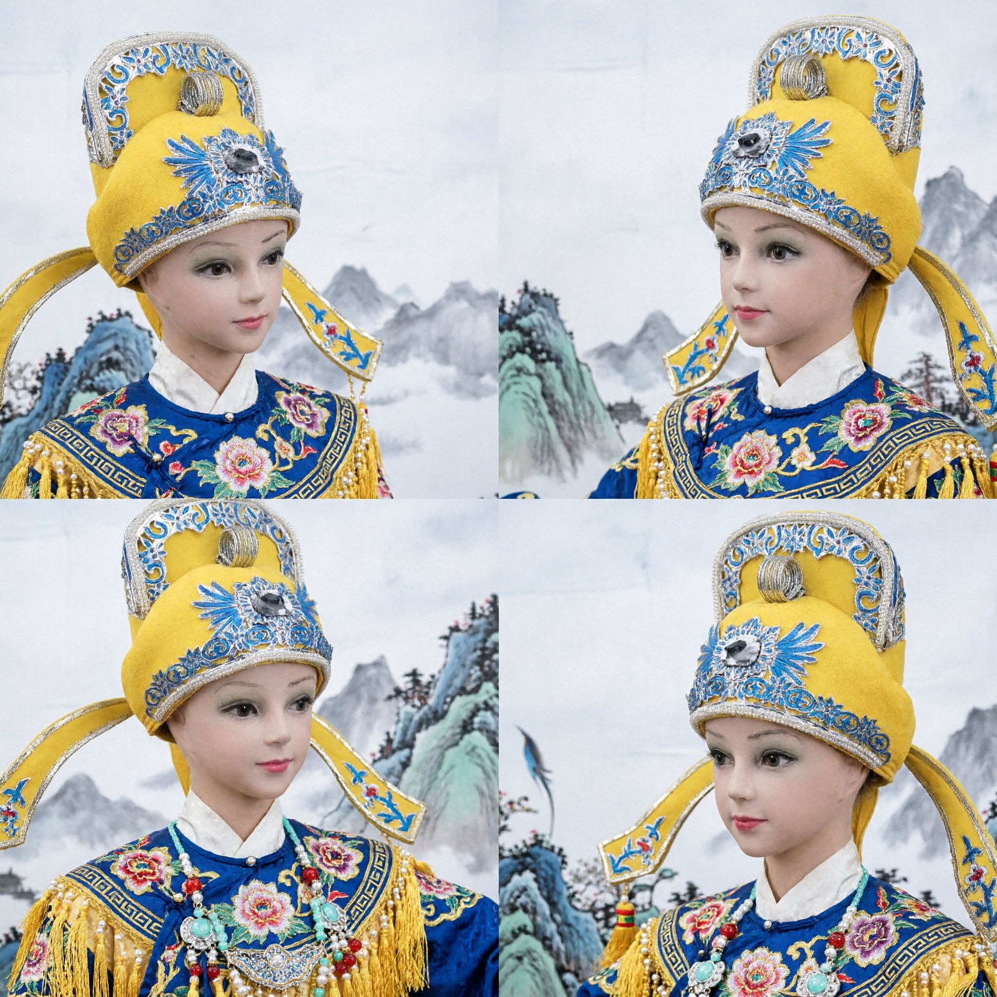 Traditional Chinese Peking Opera Yellow Scholar Hat with Blue Silver Embroidery and Long Wings for Stage Performance - Asian Costume