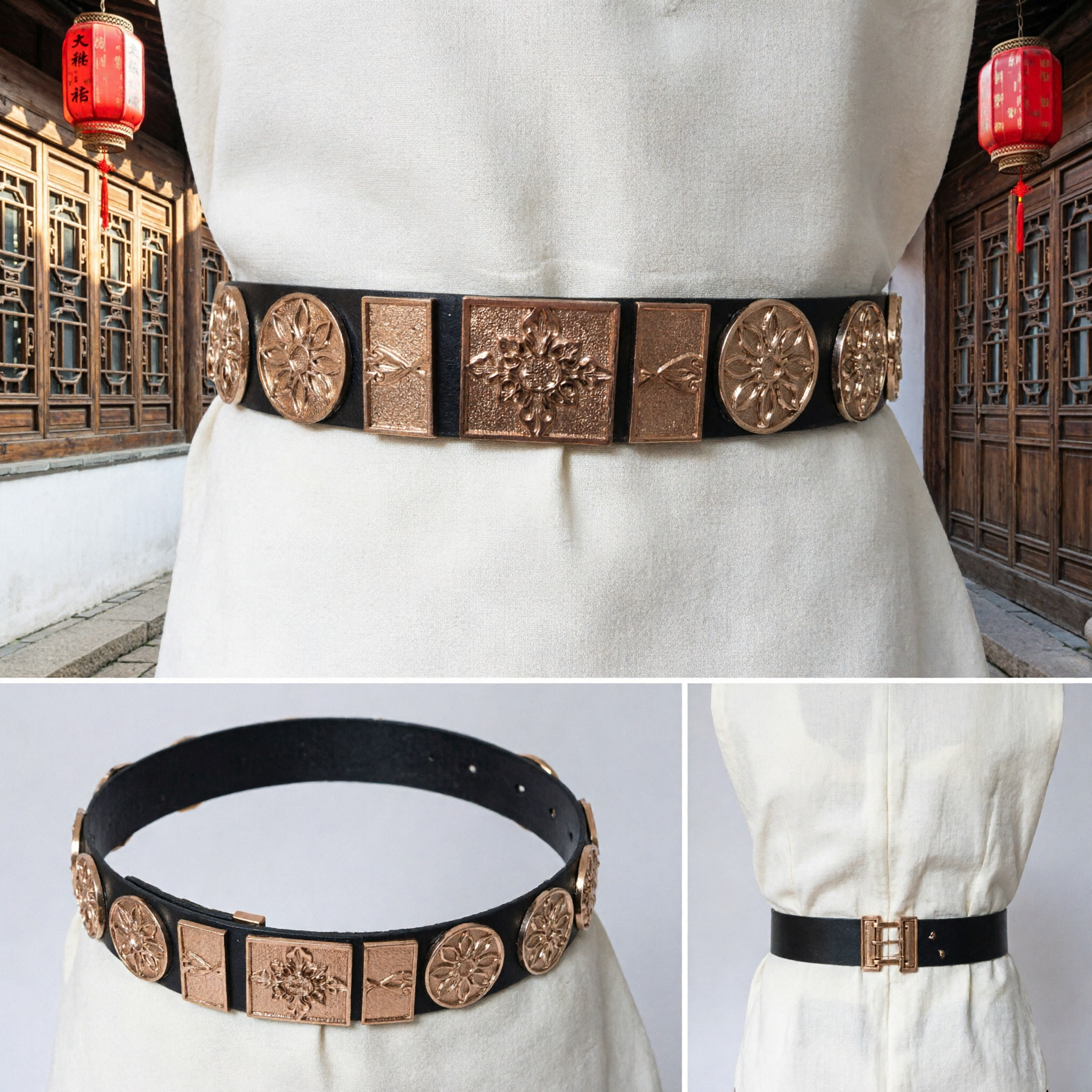 Traditional Chinese Hanfu Leather Belt with Bronze Metal Floral Plates Ancient Waistband Sash for Costume - Asian Costume