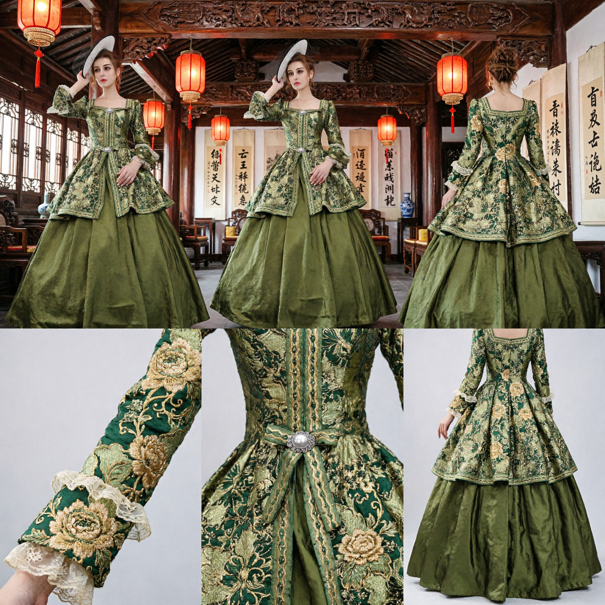 Women's Rococo Marie Antoinette Costume Dress Floral Print Baroque Gown with Hat for Halloween Cosplay - Asian Costume