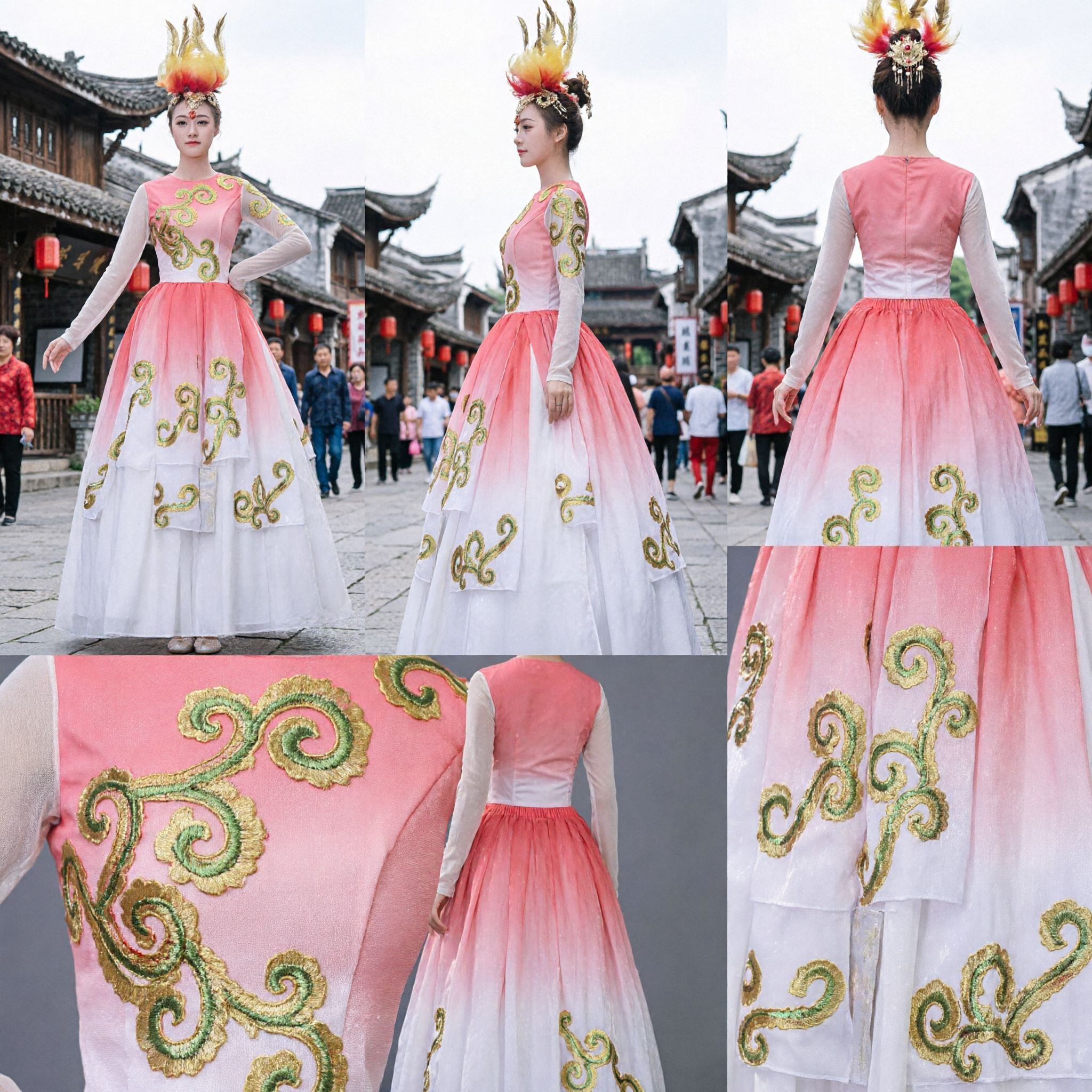 Women's Chinese Traditional Folk Dance Costume Pink Ombre Embroidered Dress for Stage Performance and Festivals - Asian Costume