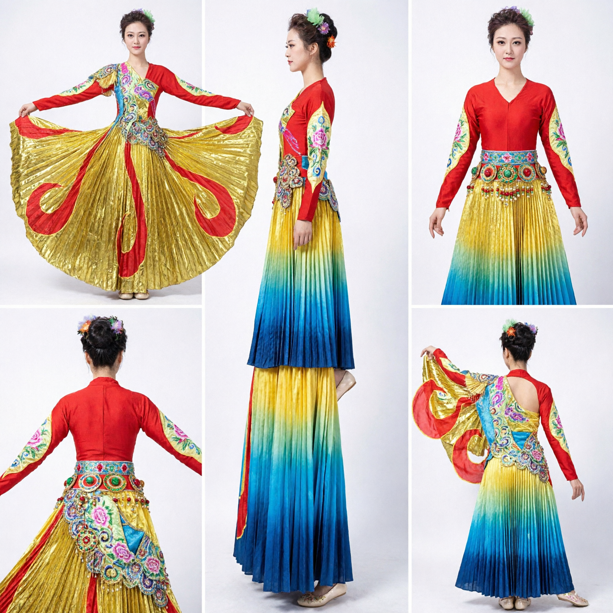 Traditional Chinese Dance Costume for Women Gold Red Embroidered Butterfly Skirt Yangge Folk Performance Dress - Asian Costume
