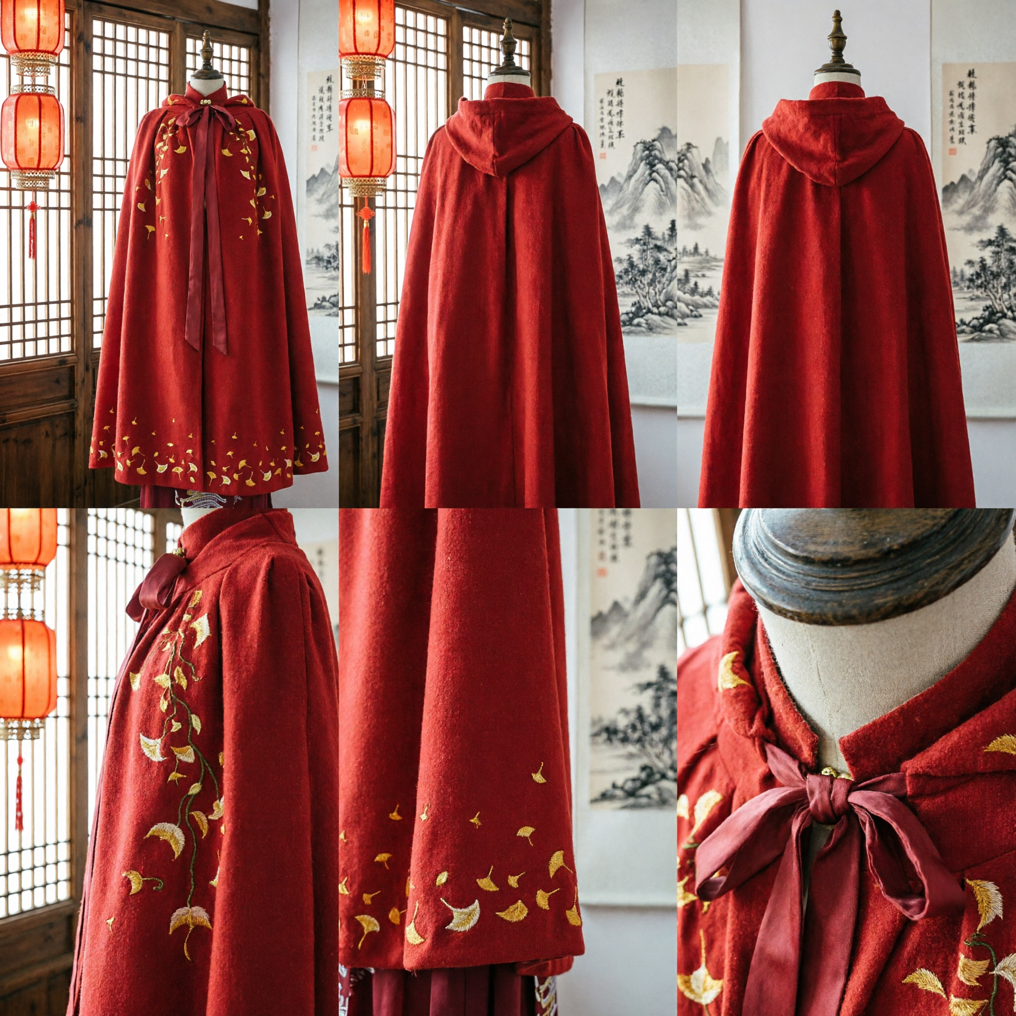 Traditional Chinese Red Wool Cape Cloak with Ginkgo Leaf Embroidery for Hanfu Winter Cosplay Women - Asian Costume