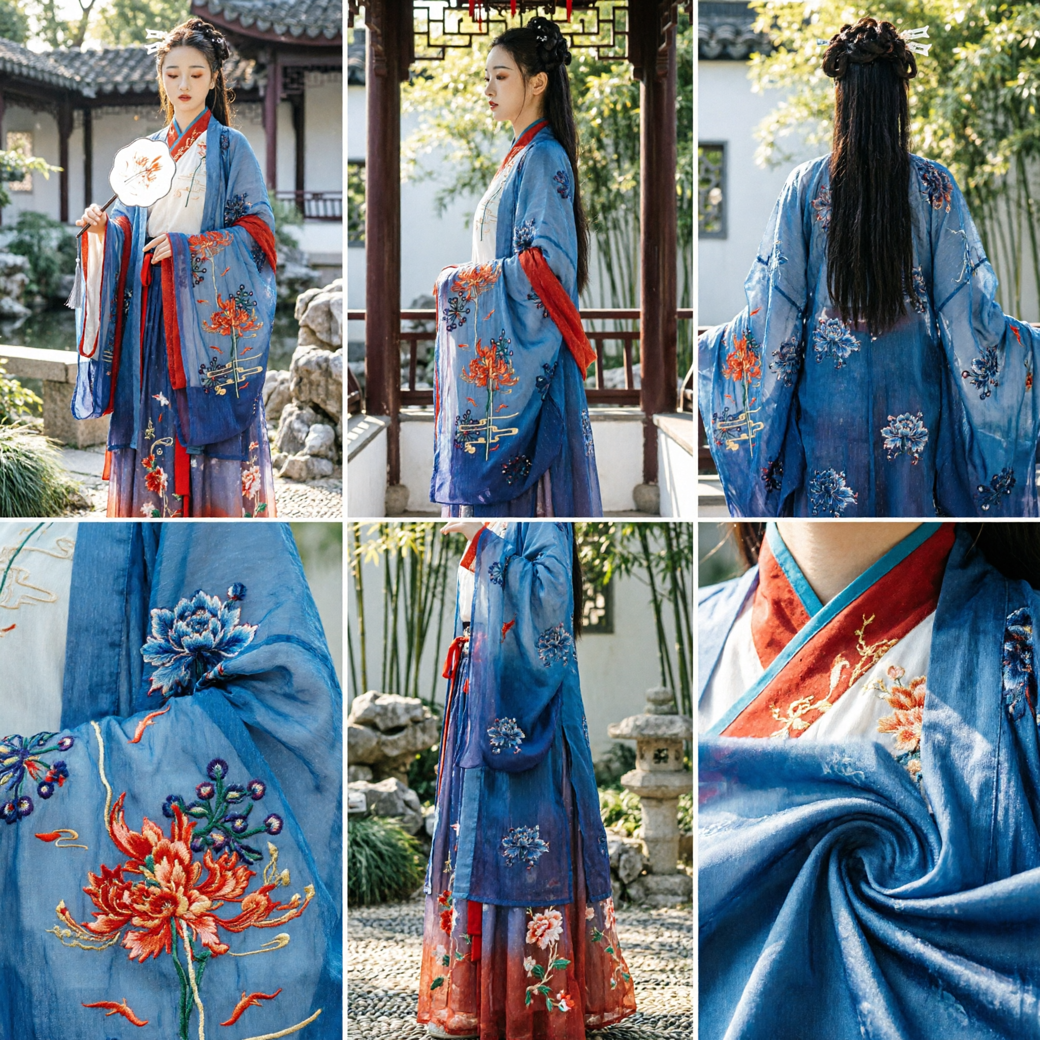 Elegant Blue Floral Embroidered Hanfu Traditional Chinese Ancient Costume for Women Historical Cosplay Photography - Asian Costume