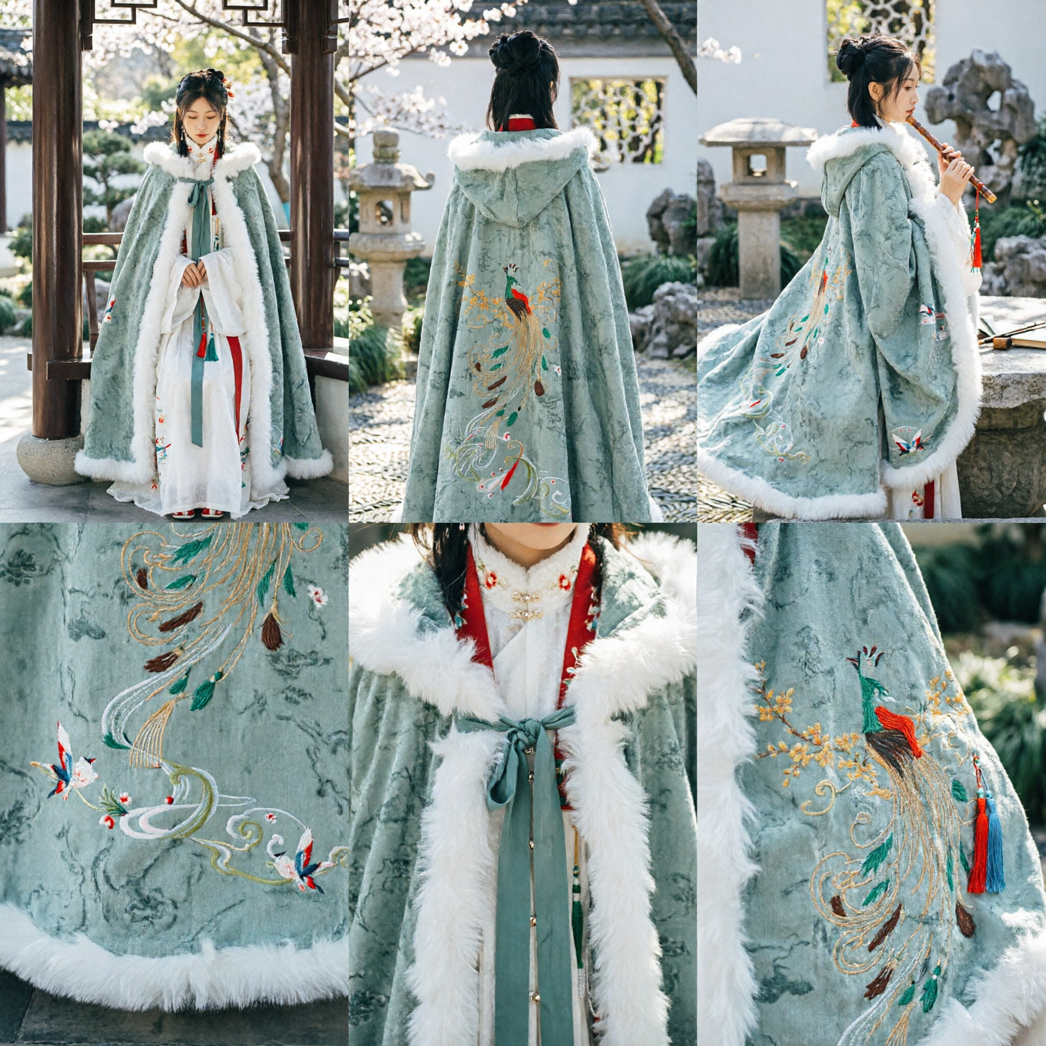 Traditional Chinese Hanfu Winter Cloak for Girls Green Fur Trim Cape with Crane Embroidery for Kids - Asian Costume