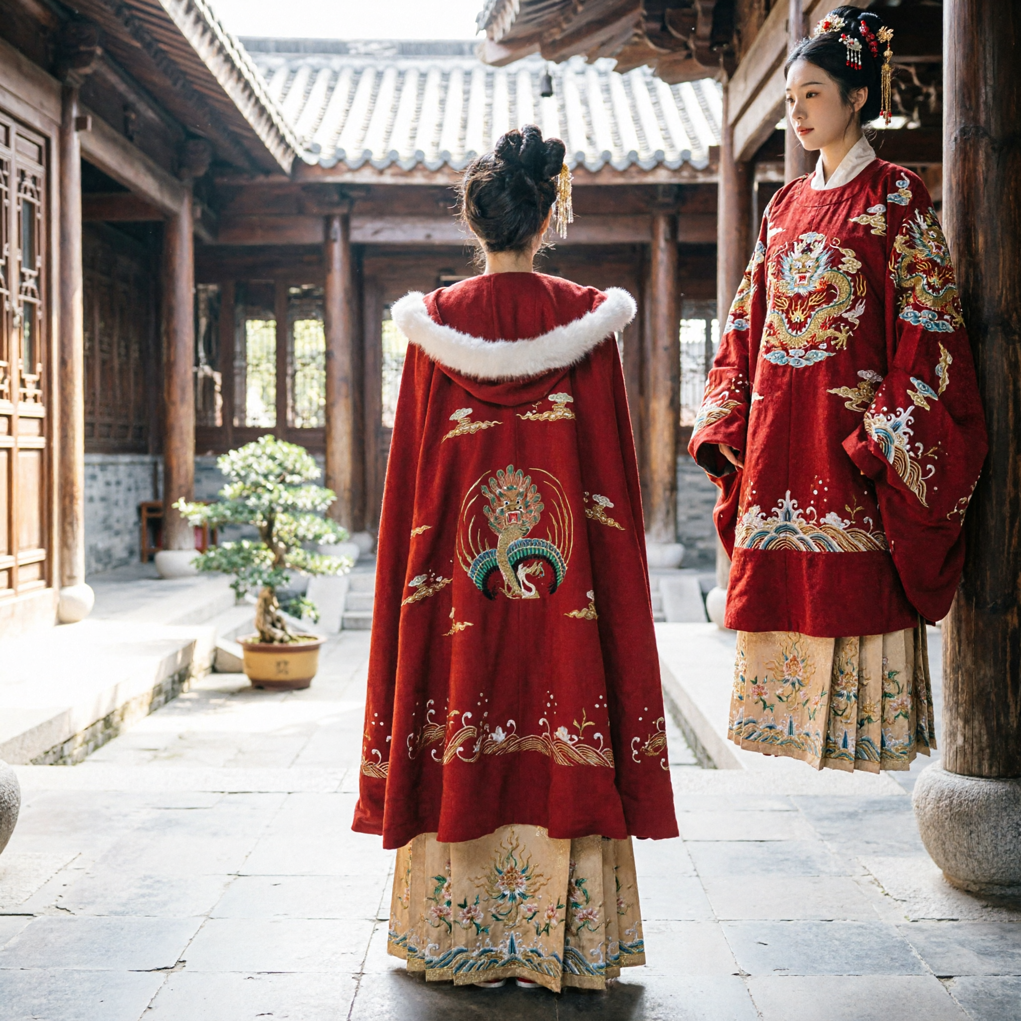 Chinese Traditional Hanfu Red Cape Cloak with White Fur Trim Phoenix Embroidery Winter Wedding Costume for Women - Asian Costume