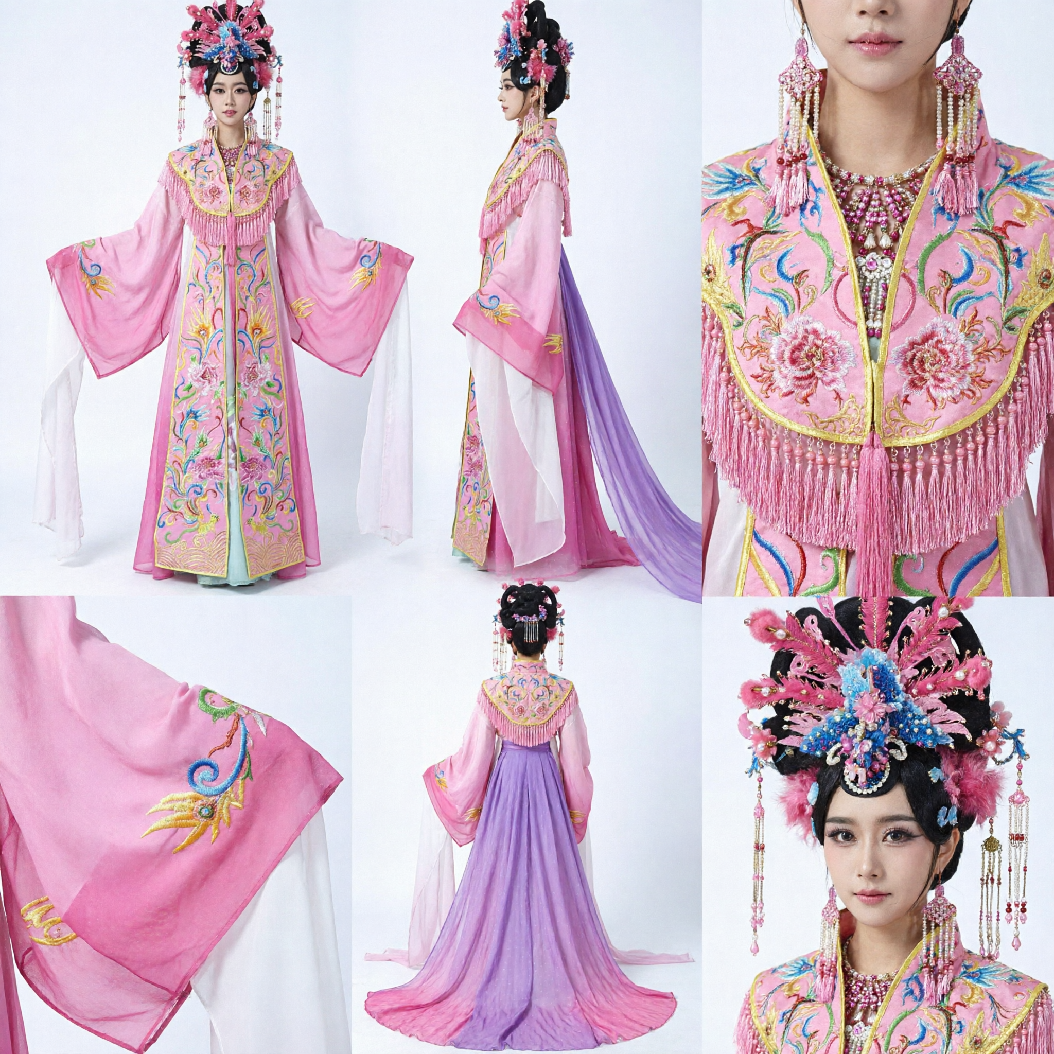 Traditional Chinese Peking Opera Pink Embroidered Costume for Women Princess Robe with Phoenix Headpiece and Water Sleeves - Asian Costume