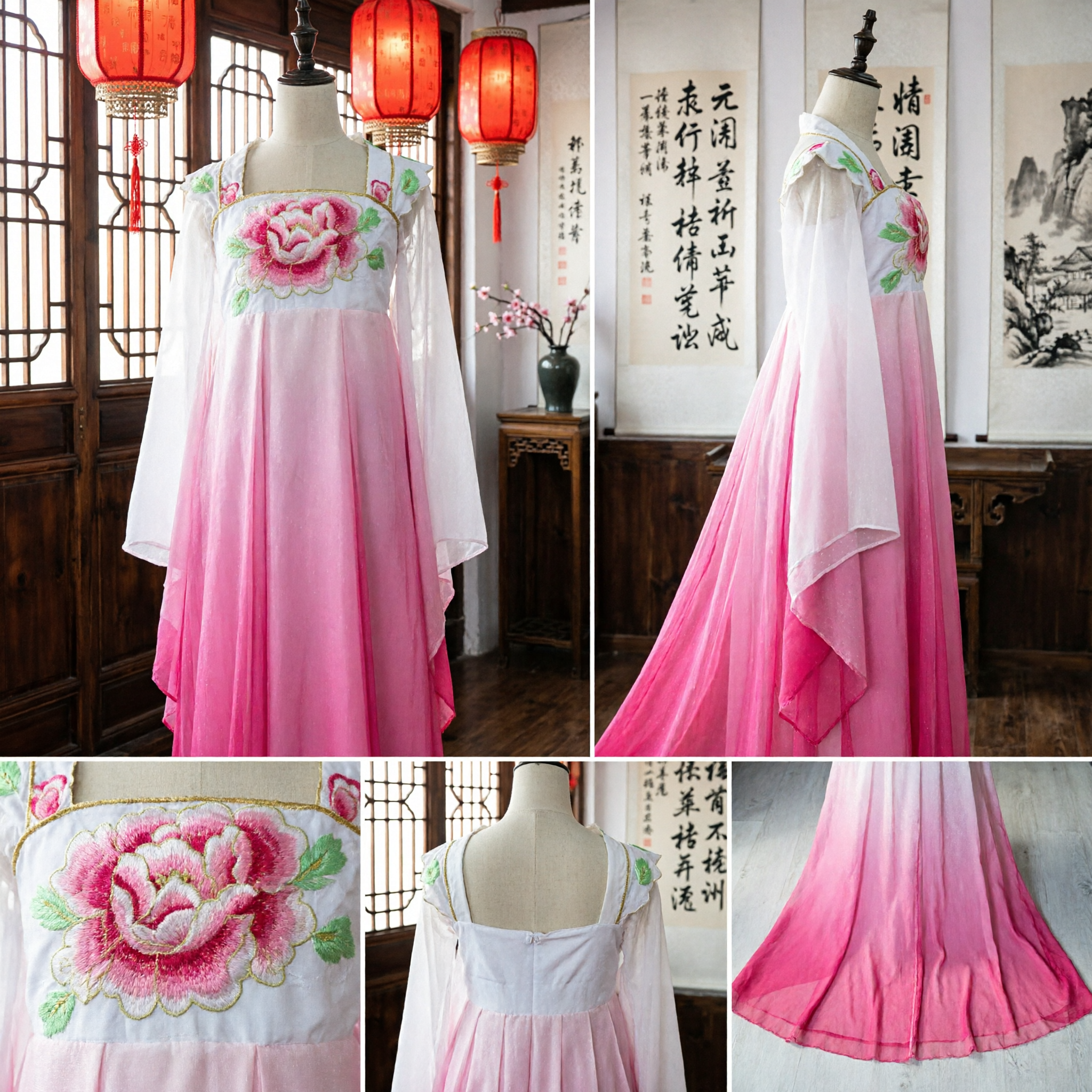 Pink Gradient Chinese Classical Dance Costume Traditional Hanfu Dress Floral Embroidery Stage Performance Wear for Women - Asian Costume