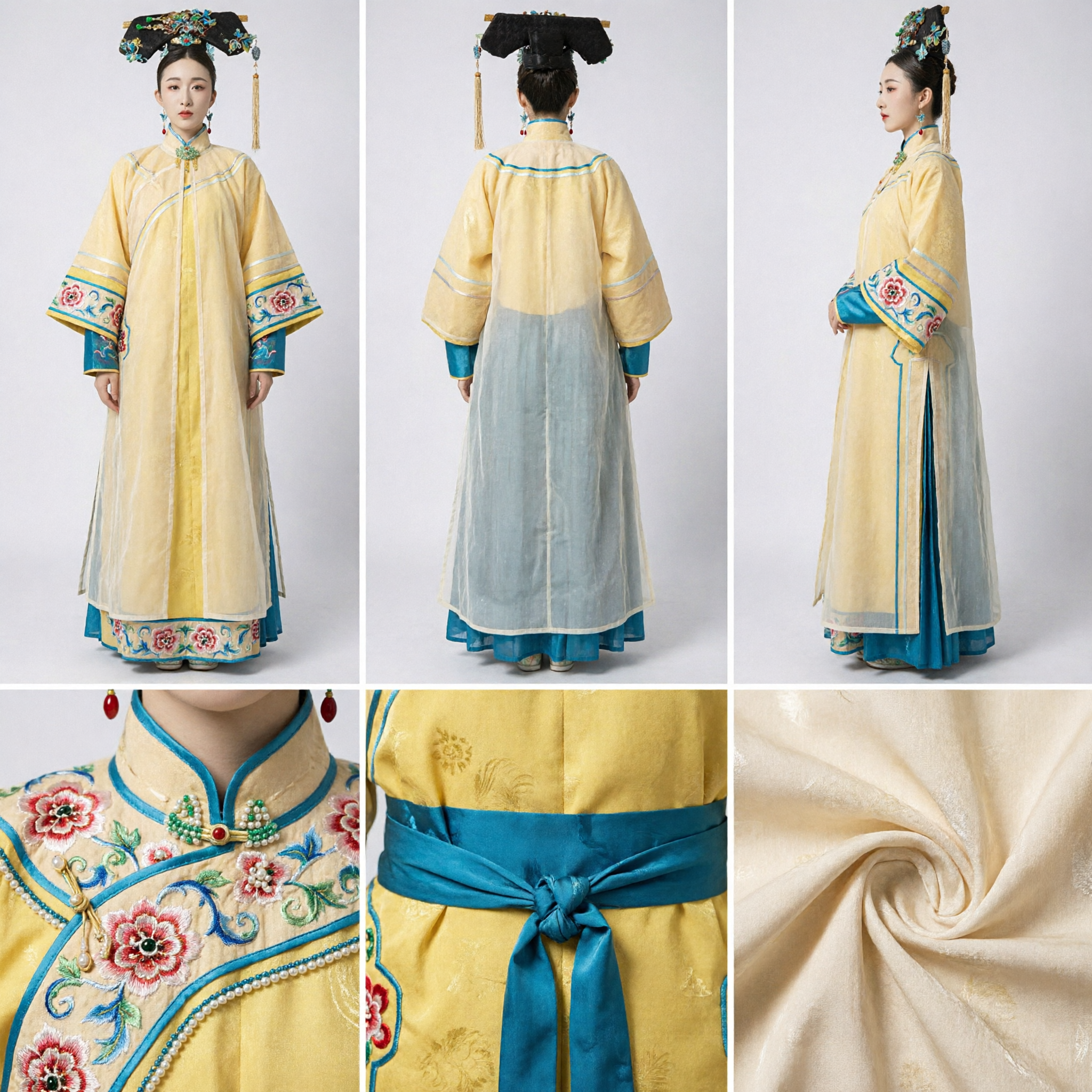 Ancient Chinese Qing Dynasty Palace Lady Yellow Hanfu Costume and Headdress Set for Women Cosplay - Asian Costume