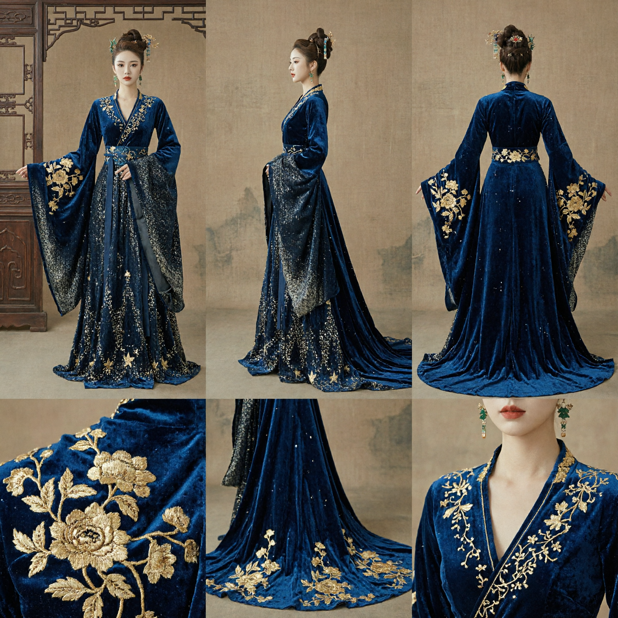 Elegant Dark Blue Velvet Hanfu Evening Gown with Gold Embroidery Long Train Traditional Chinese Dress for Women - Asian Costume