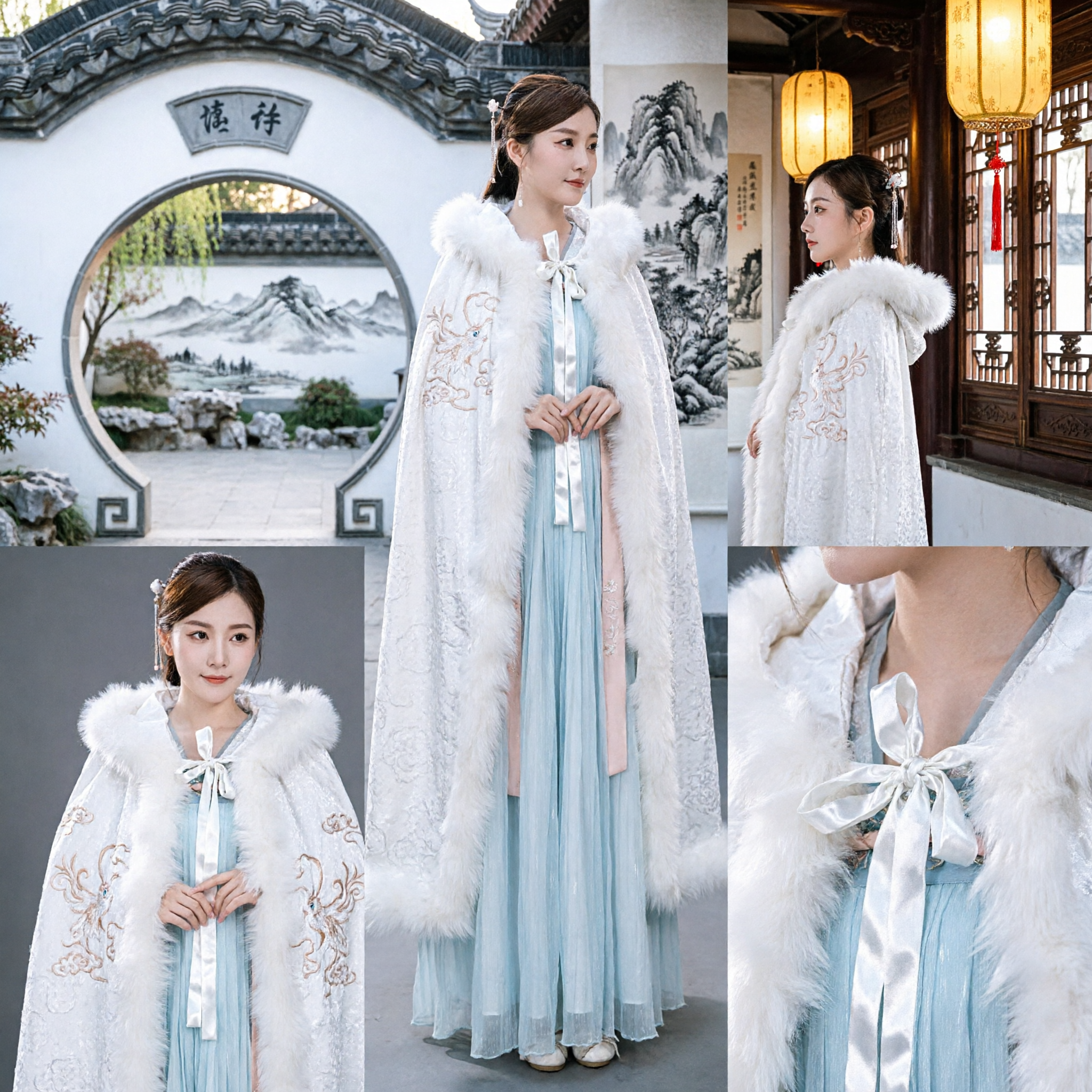 Elegant White Fur Lined Cloak Cape Traditional Chinese Hanfu Winter Costume for Women - Asian Costume