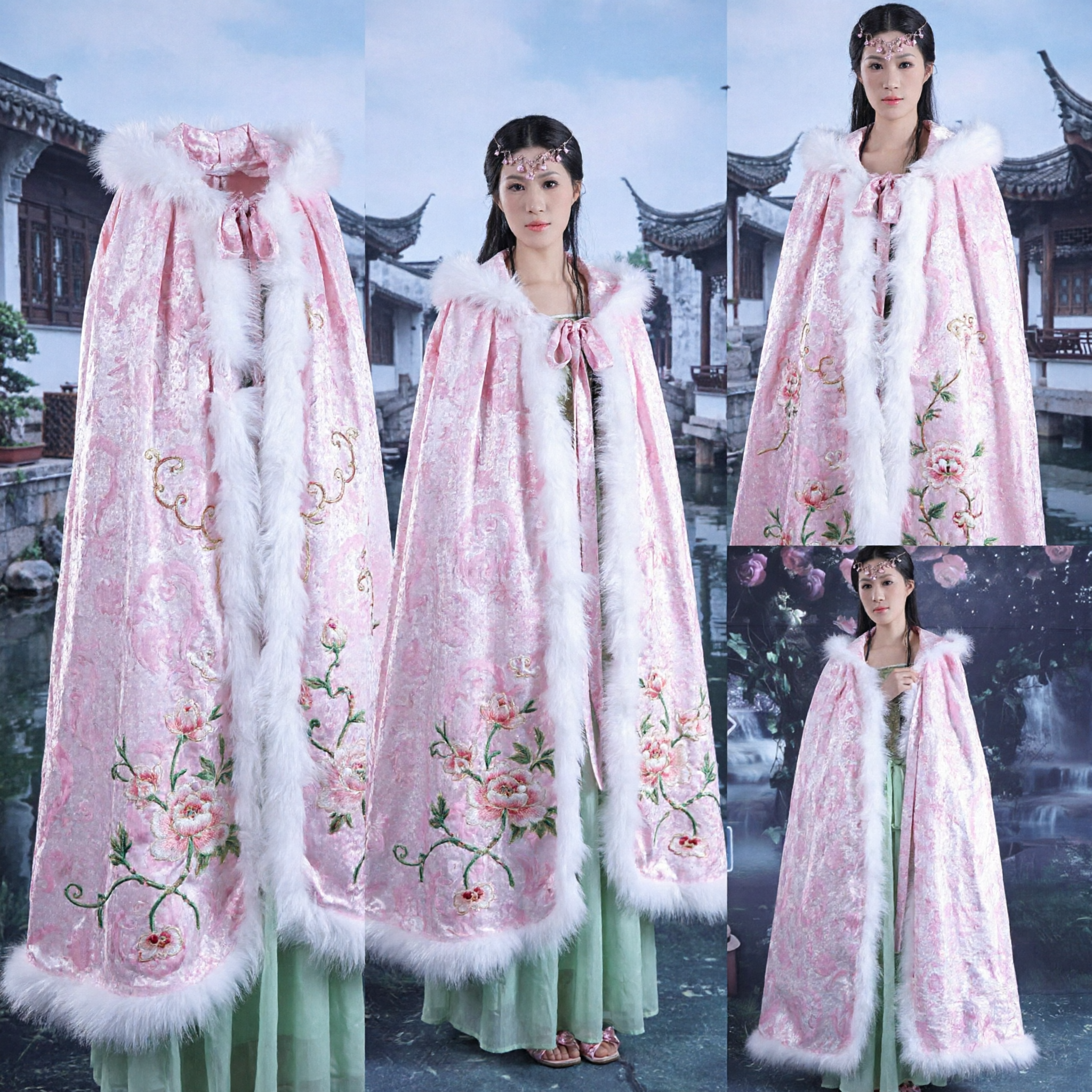 Ancient Chinese Pink Cloak with White Fur Trim Hanfu Winter Cape for Women Cosplay Costume - Asian Costume