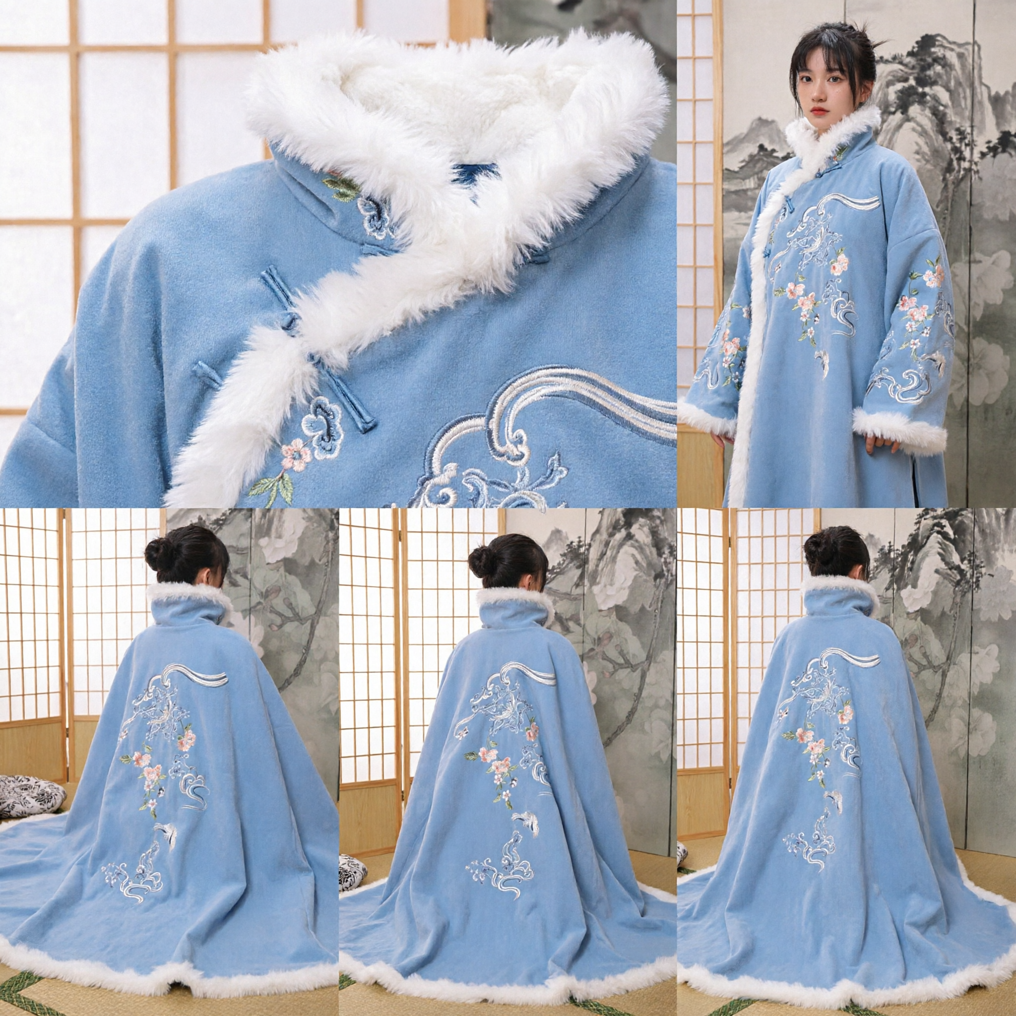 Traditional Chinese Hanfu Winter Cloak Blue Embroidered Cape with White Fur Trim Historical Costume for Women - Asian Costume