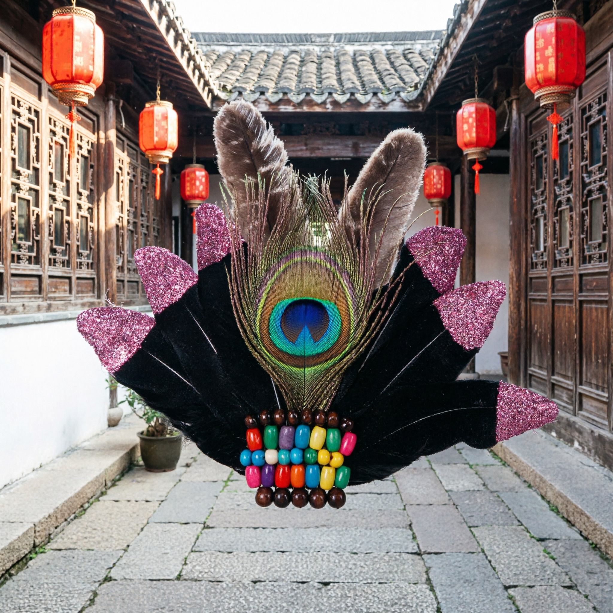 Traditional Ethnic Feather Headdress with Peacock Plumes and Colorful Beads for Carnival Dance Performance Costume - Asian Costume