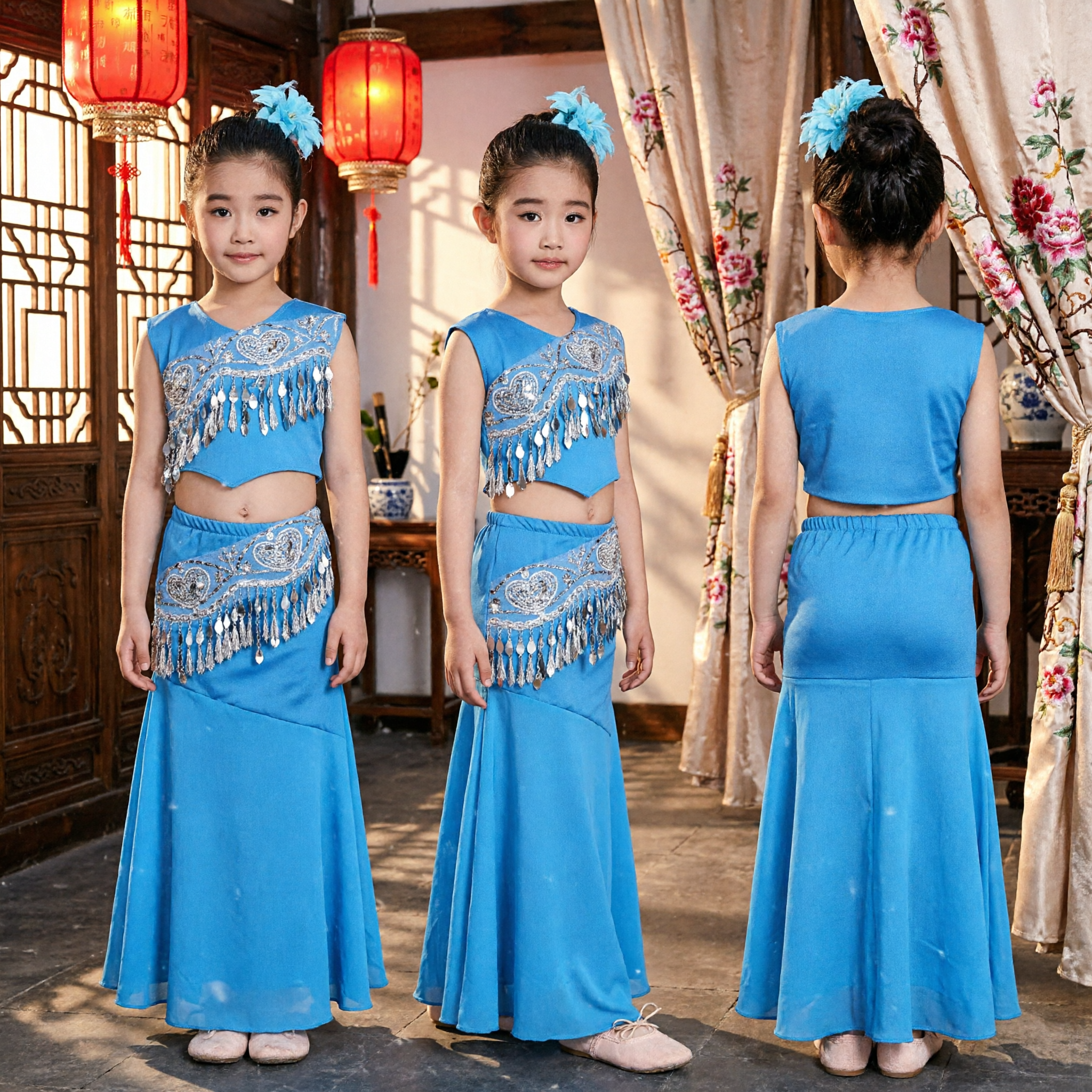 Girls Blue Dai Minority Peacock Dance Costume Traditional Chinese Folk Stage Performance Outfit Set - Asian Costume