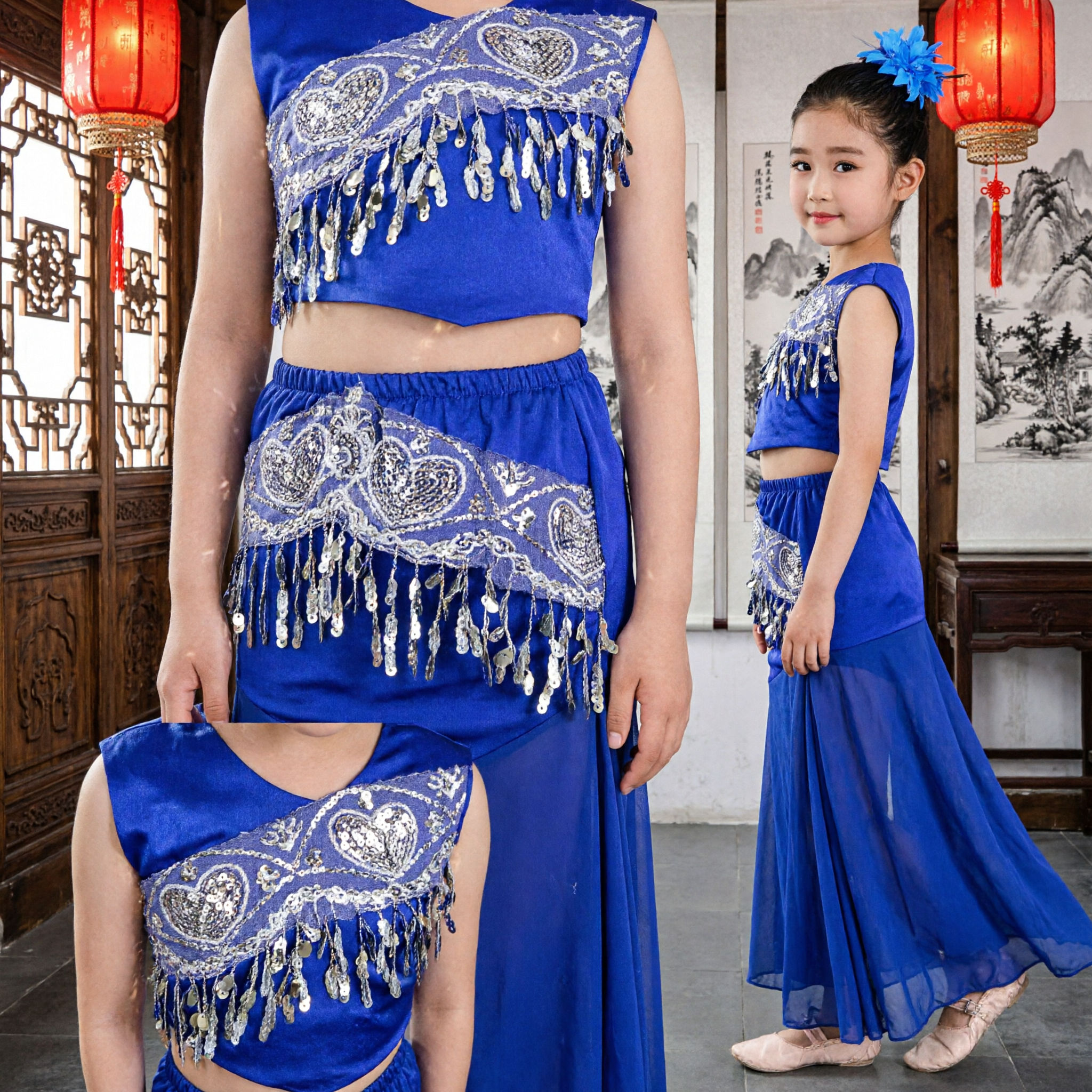 Blue Dai Ethnic Dance Costume for Girls Kids Traditional Stage Performance Outfit with Sequins and Fringe - Asian Costume