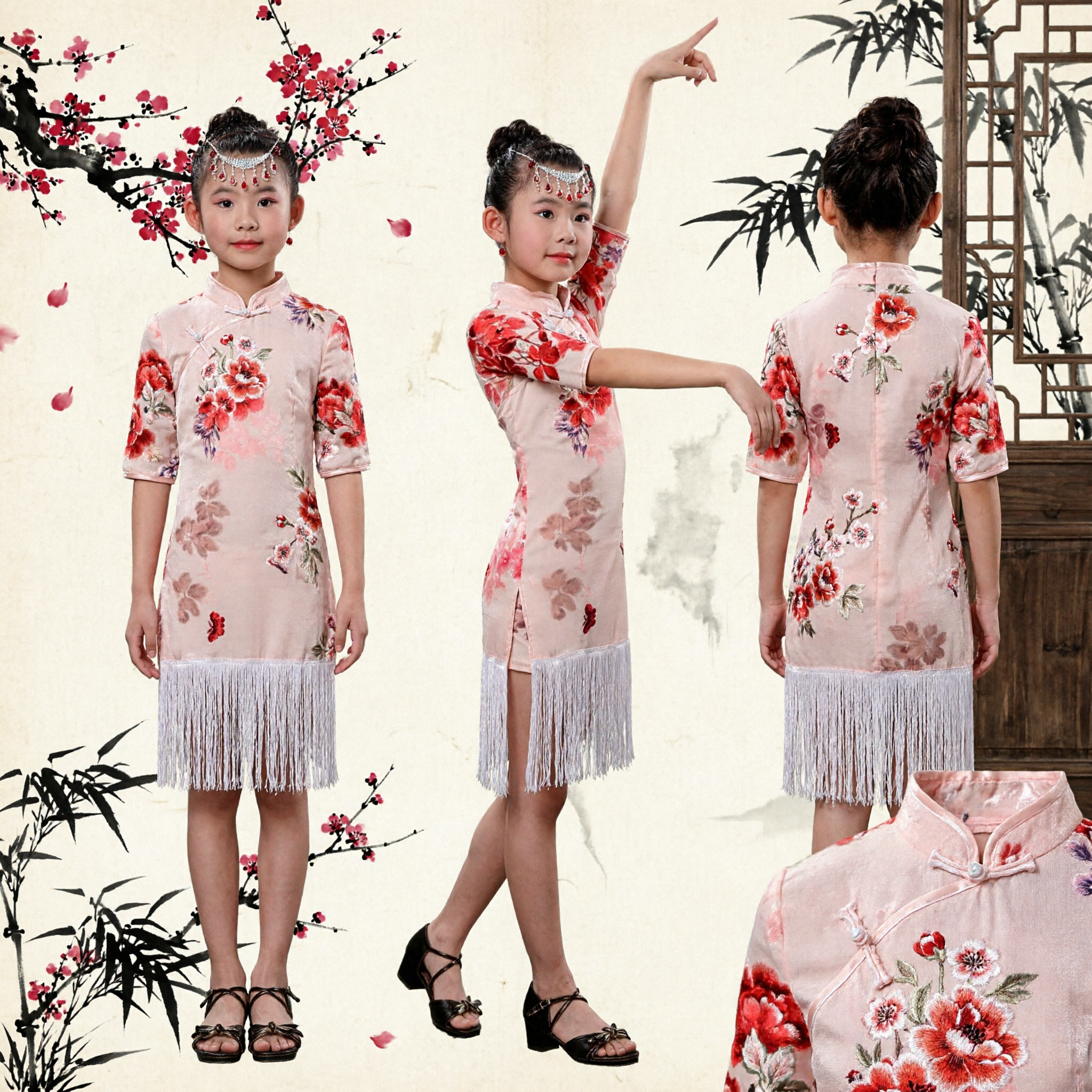 Traditional Chinese Kids Girls Dance Costume Floral Cheongsam Dress with Fringe Folk Performance Outfit - Asian Costume