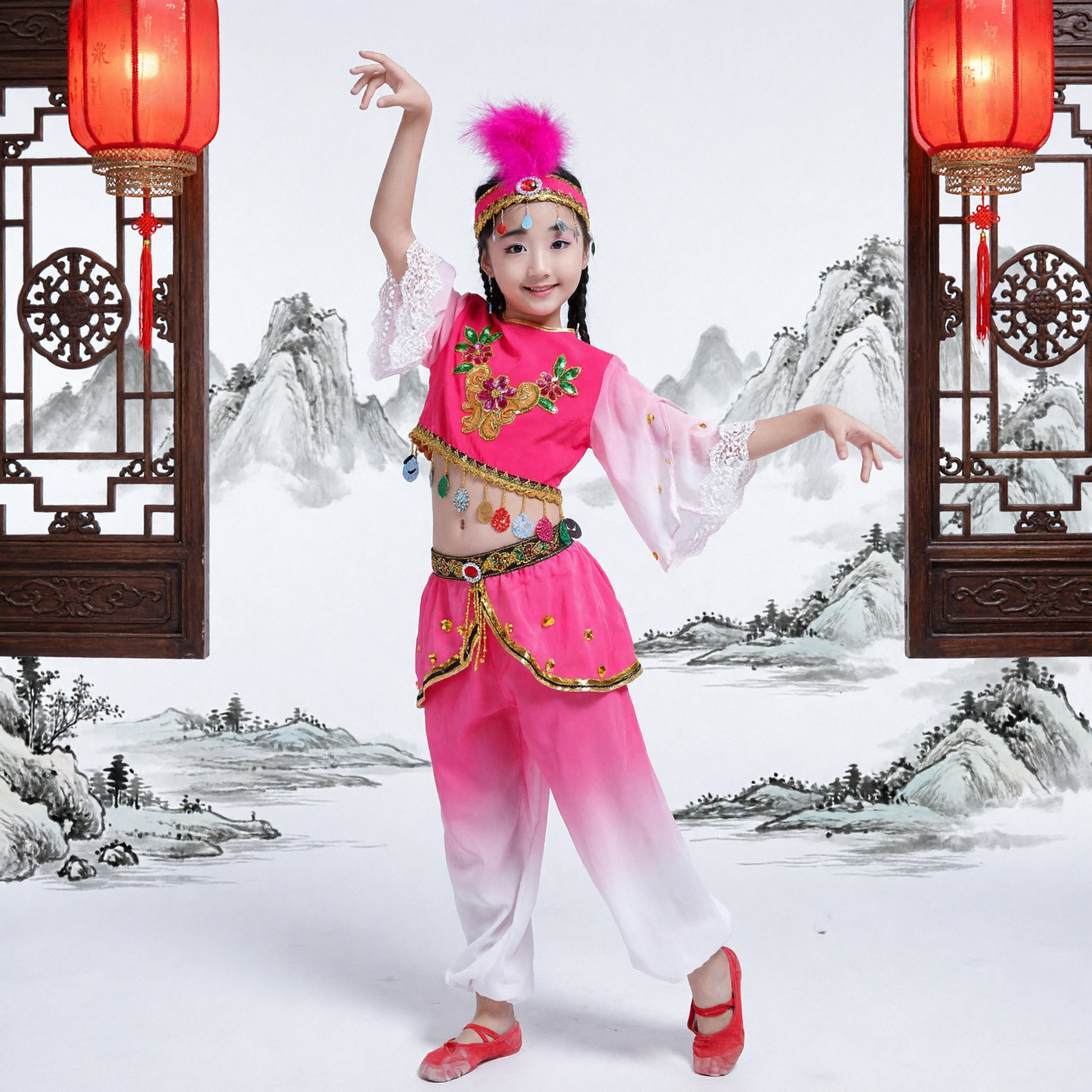 Girls Pink Xinjiang Dance Costume Children Folk Performance Stage Outfit with Embroidery and Coins - Asian Costume