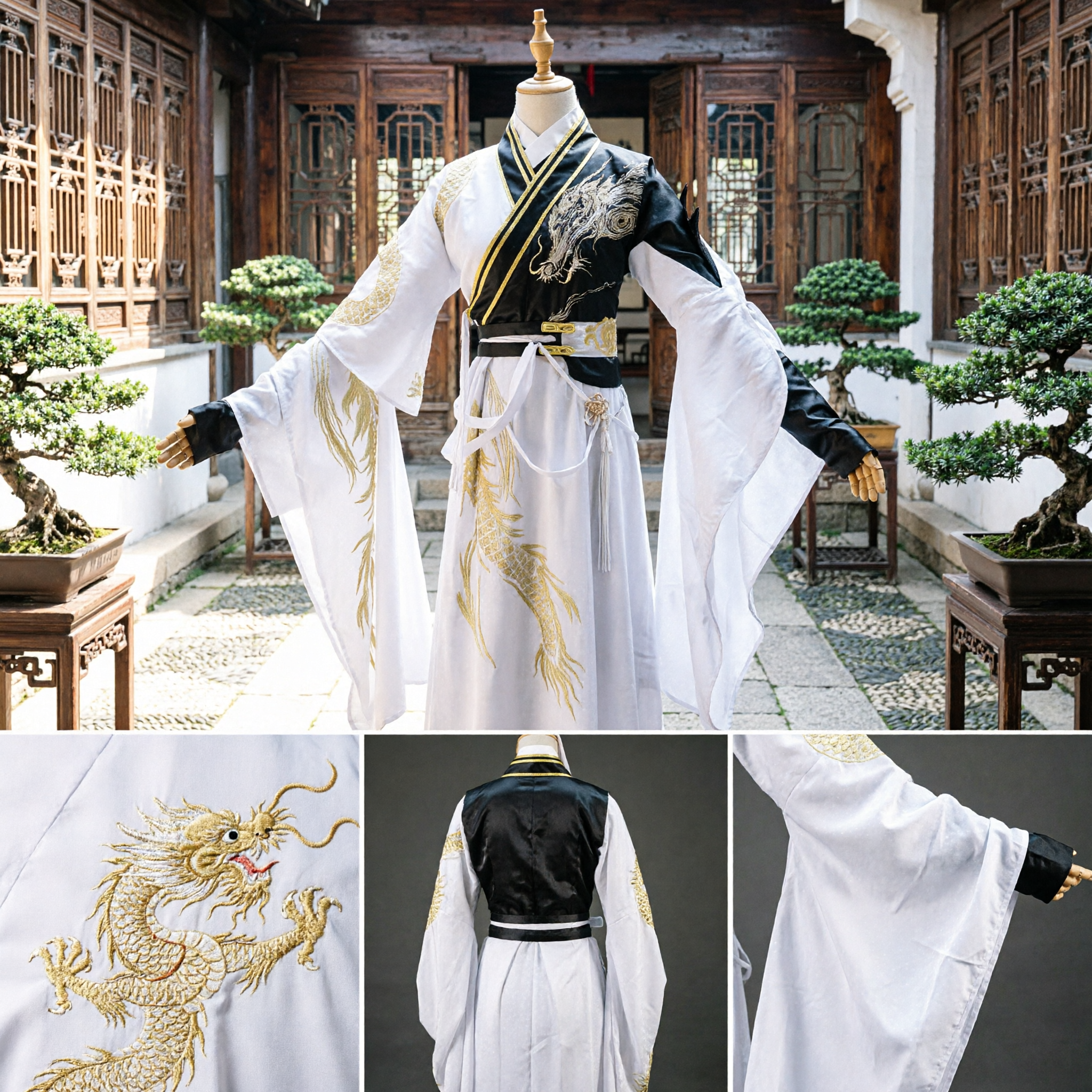 Traditional Chinese Hanfu Men's Wuxia Ancient Swordsman Costume White Robe with Black and Gold Dragon Embroidery - Asian Costume