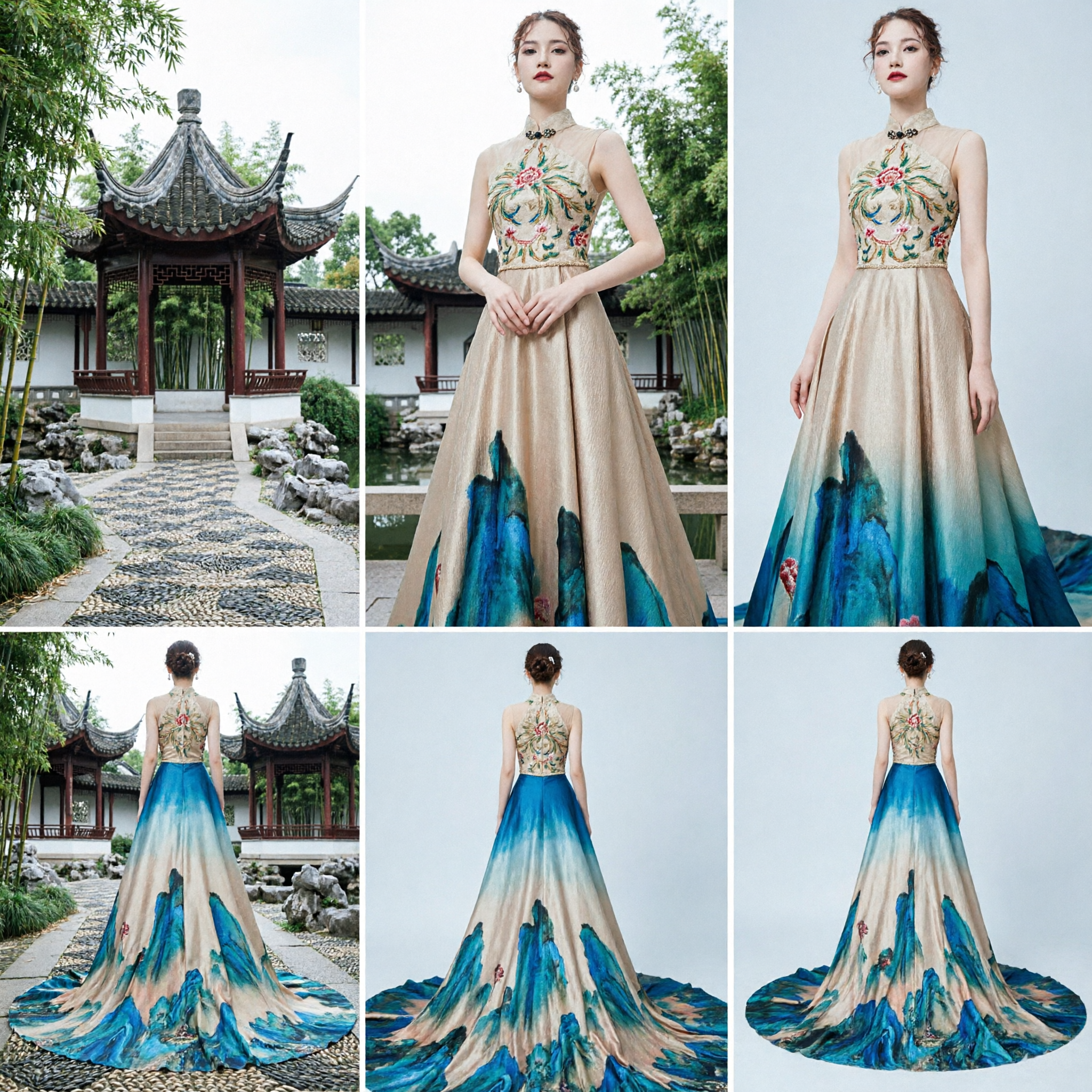 Elegant Chinese Style Evening Gown Featuring Traditional Landscape Painting Print for Formal Galas and Stage Performances - Asian Costume