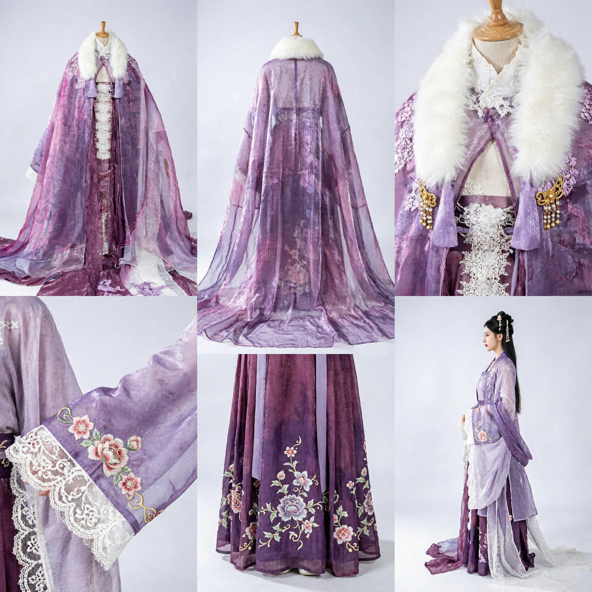 Elegant Purple Gradient Hanfu Cloak with White Fur Collar Traditional Chinese Ancient Costume for Women - Asian Costume
